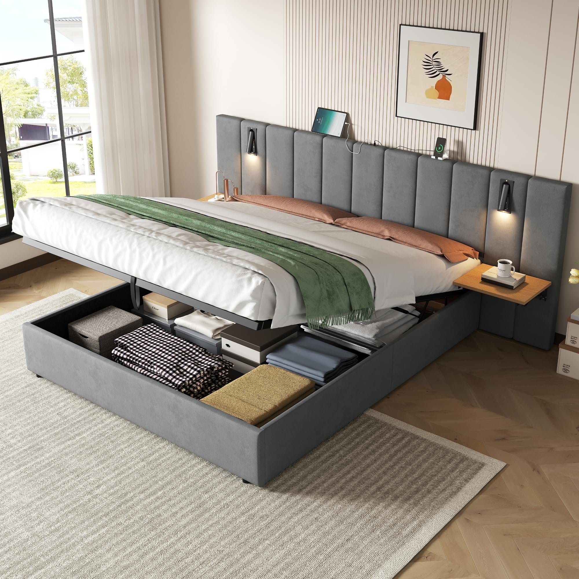 5ft Grey Velvet King Ottoman Bed With LED Lights & Charging Station - Hydraulic Storage Bed Frame - View #6