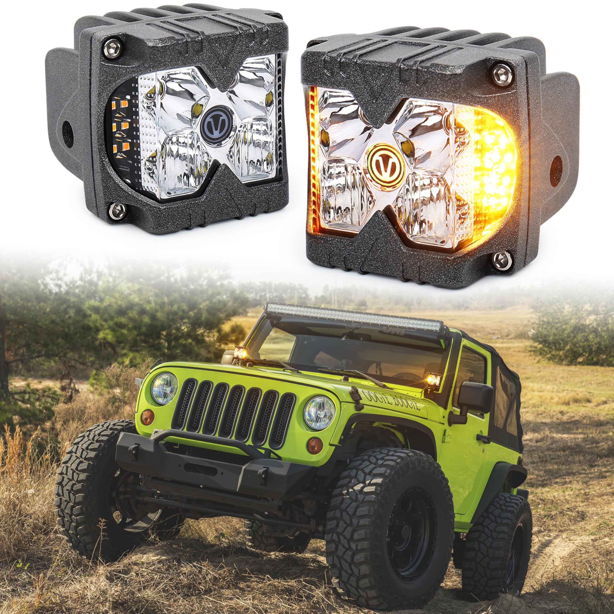 Side Shooter LED Light Pods with Amber Solid & Strobe Dual Side LED Cubes Off Road Spot Flood Driving Lights Compatible with Jeep Tractor Plow Truck ATV SUV UTV 4x4 Boat 2PCS