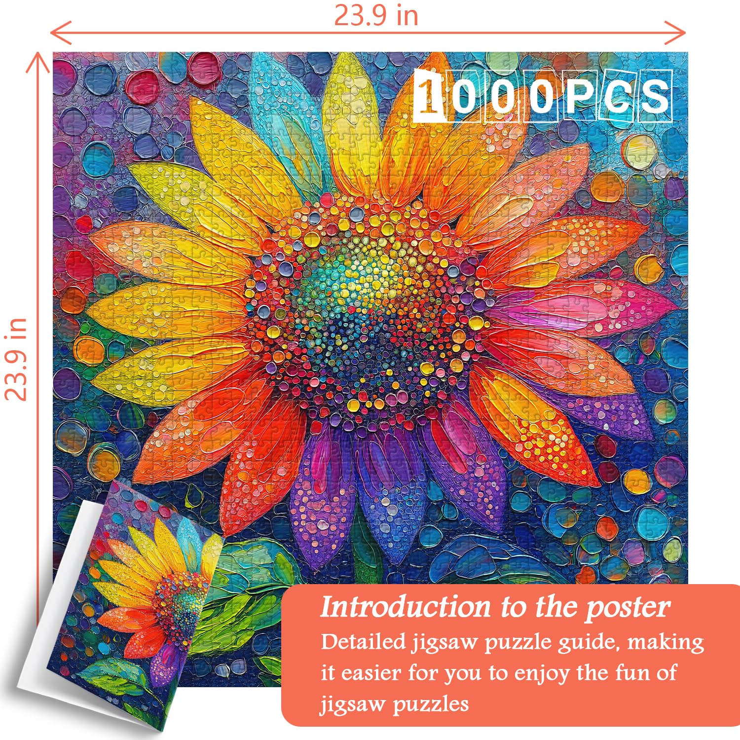 Rompecabezas de girasol para adultos de 1000 piezas, rompecabezas de flores arcoíris imposibles, rompecabezas de plantas degradadas coloridas de 1000 piezas como decoración artística de pared 4