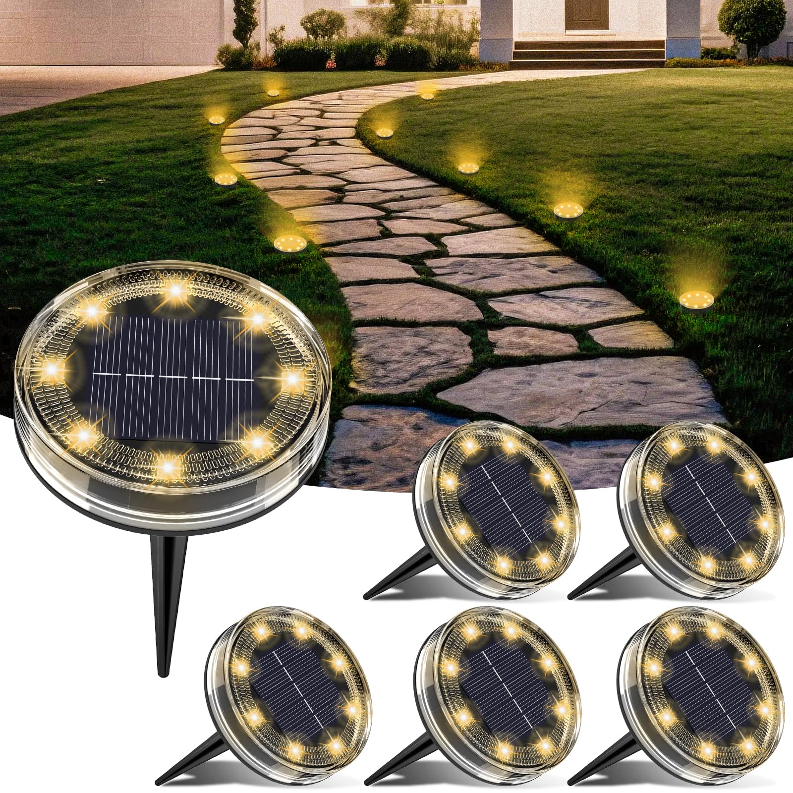 LOTMOS 6 Stück Solar Bodenleuchten Außen, 8 LED Solarlampen für Außen IP68 Wasserdicht, Wetterfeste Gartenleuchten Solar für Garten Rasen Gehweg Patio Auffahrt, Warmweiß