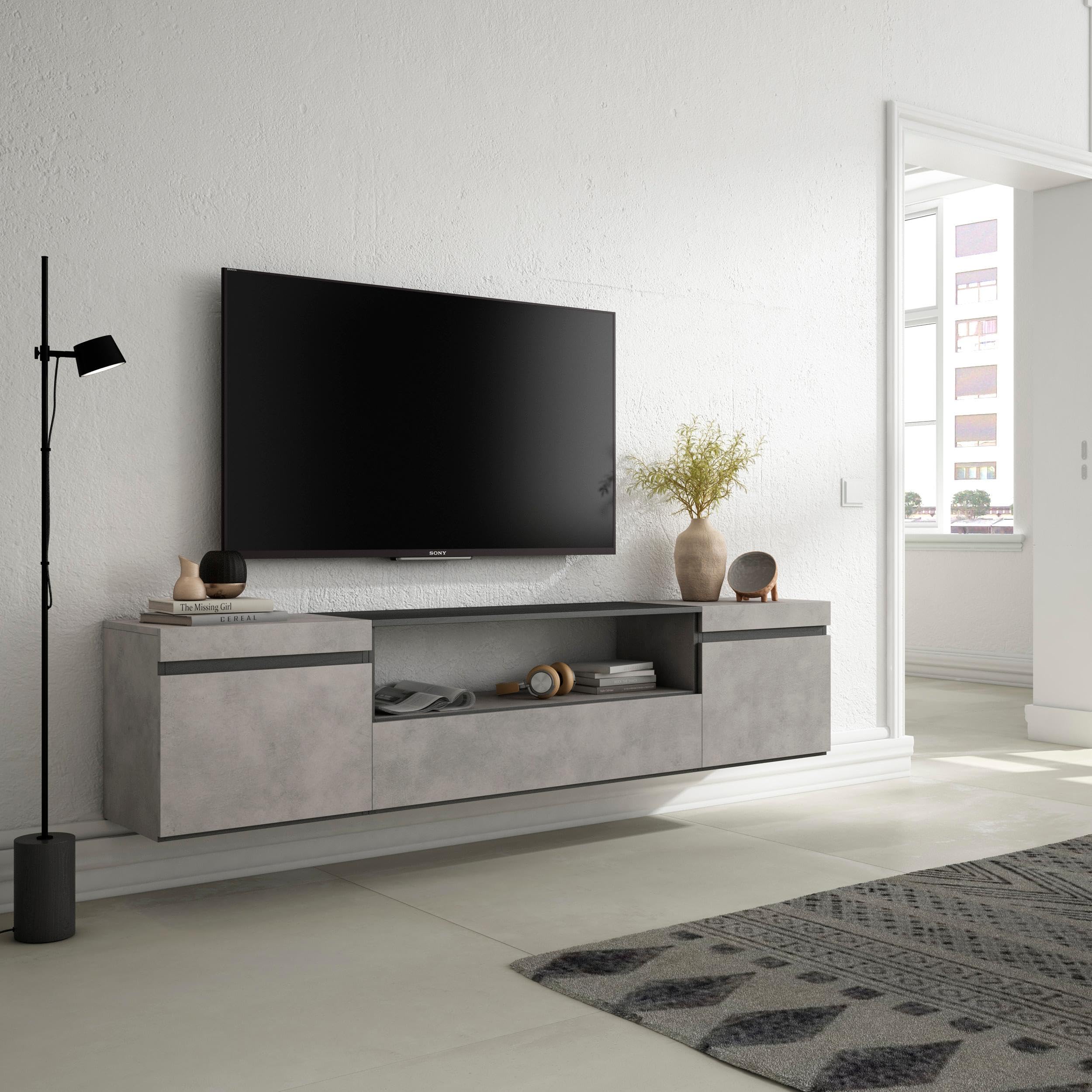 Skraut Home | Mueble TV | Televisión | Muebles de salón, almacenaje | 200x45x35cm | para TV hasta 80" | Colgado, Suspendido | Estilo Moderno | Cemento