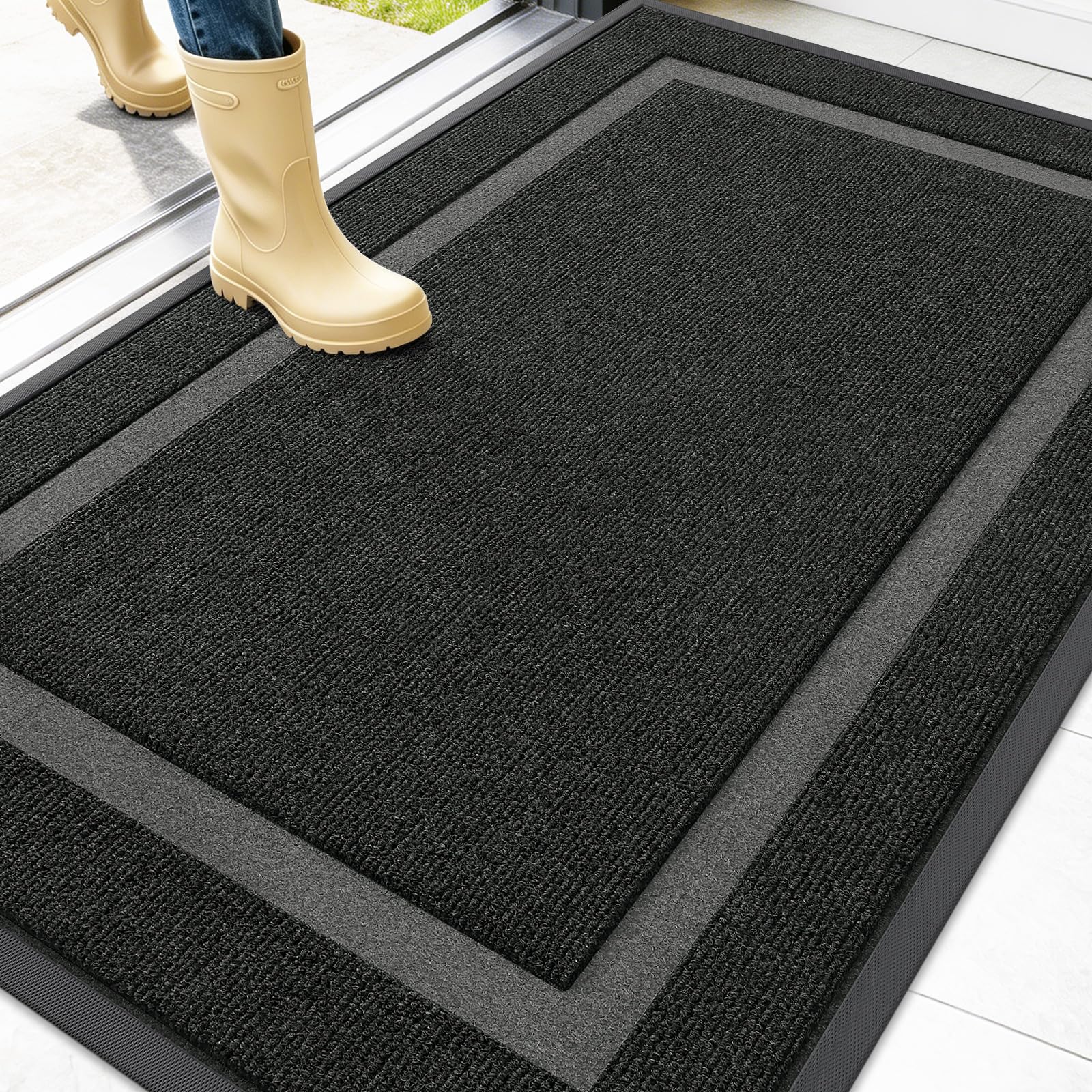 Photo 1 of OLANLY Front Door Mat Indoor Outdoor Entrance, Waterproof All-Season, All-Weather Doormat, Sturdy Natural Rubber, Fade Resistant, Low Profile, Easy Clean Patio Porch Entryway Mat, 47x32, Black