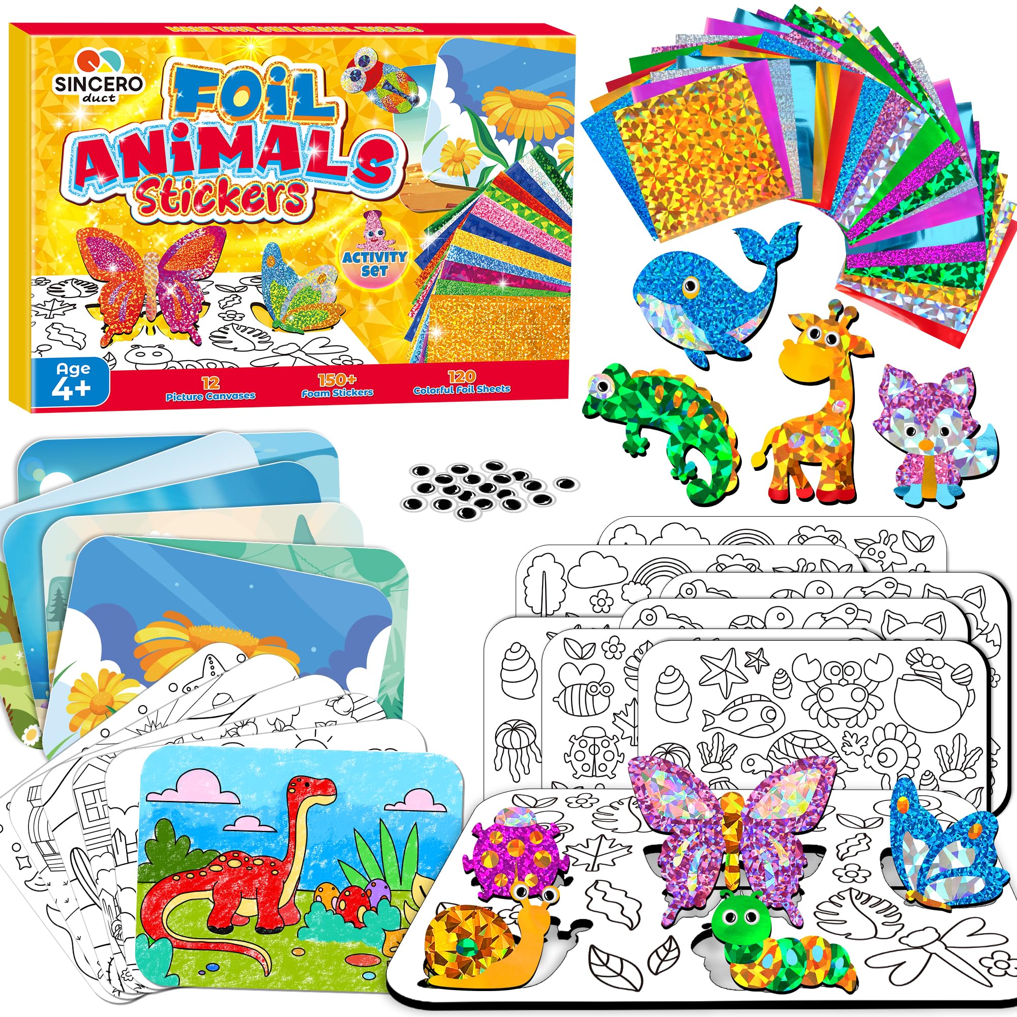 sinceroduct Foil Art Kit for Kids, Foils Arts and Crafts for Kids Age 4-8,Travel Toys Supplies,Foil-Foam Stickers,Birthday Gifts for Boys & Girls,Mess Free Coloring Card Set.