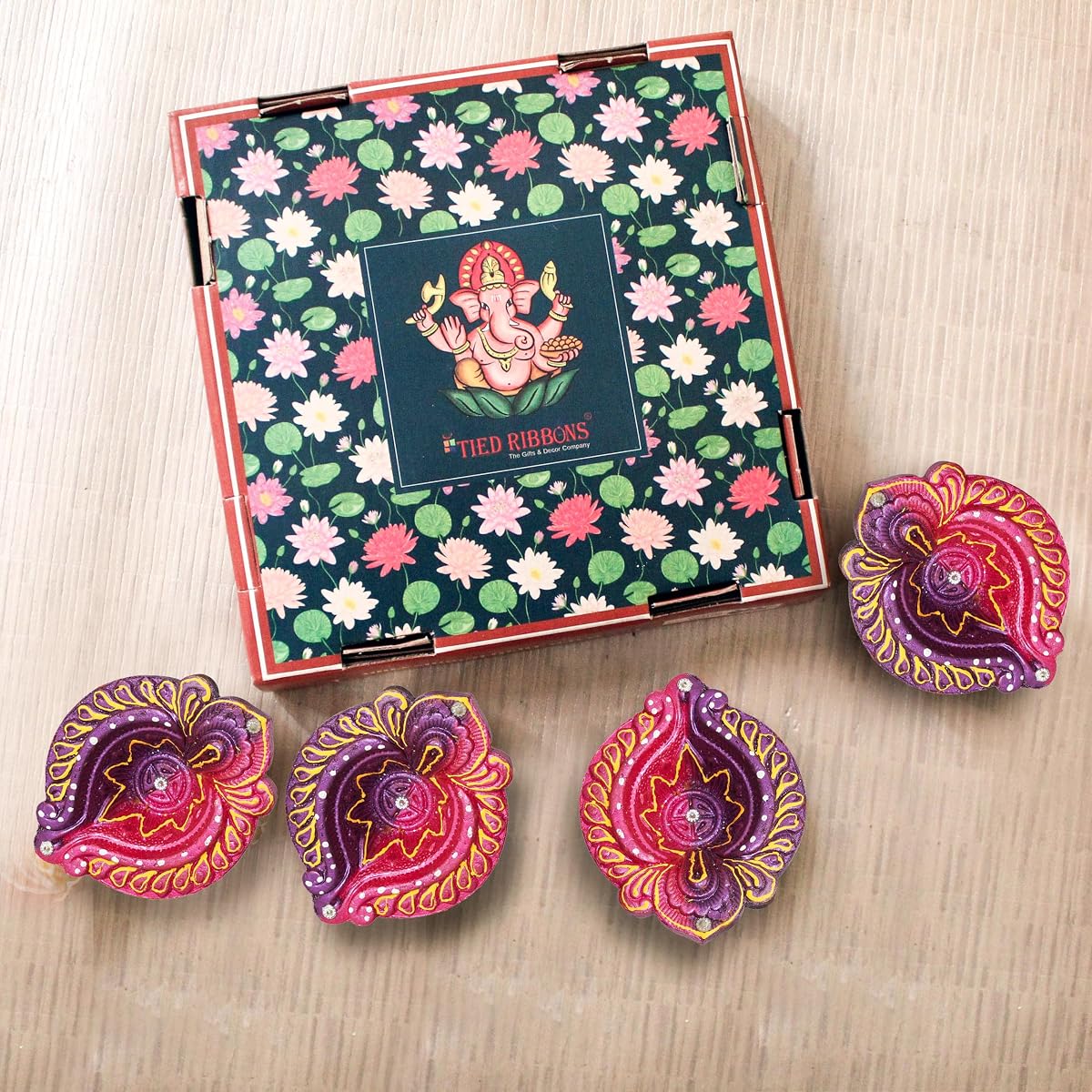 TIED RIBBONS Pack of 4 Clay Diya Set - Large Size Teracotta Diya Set Earthen