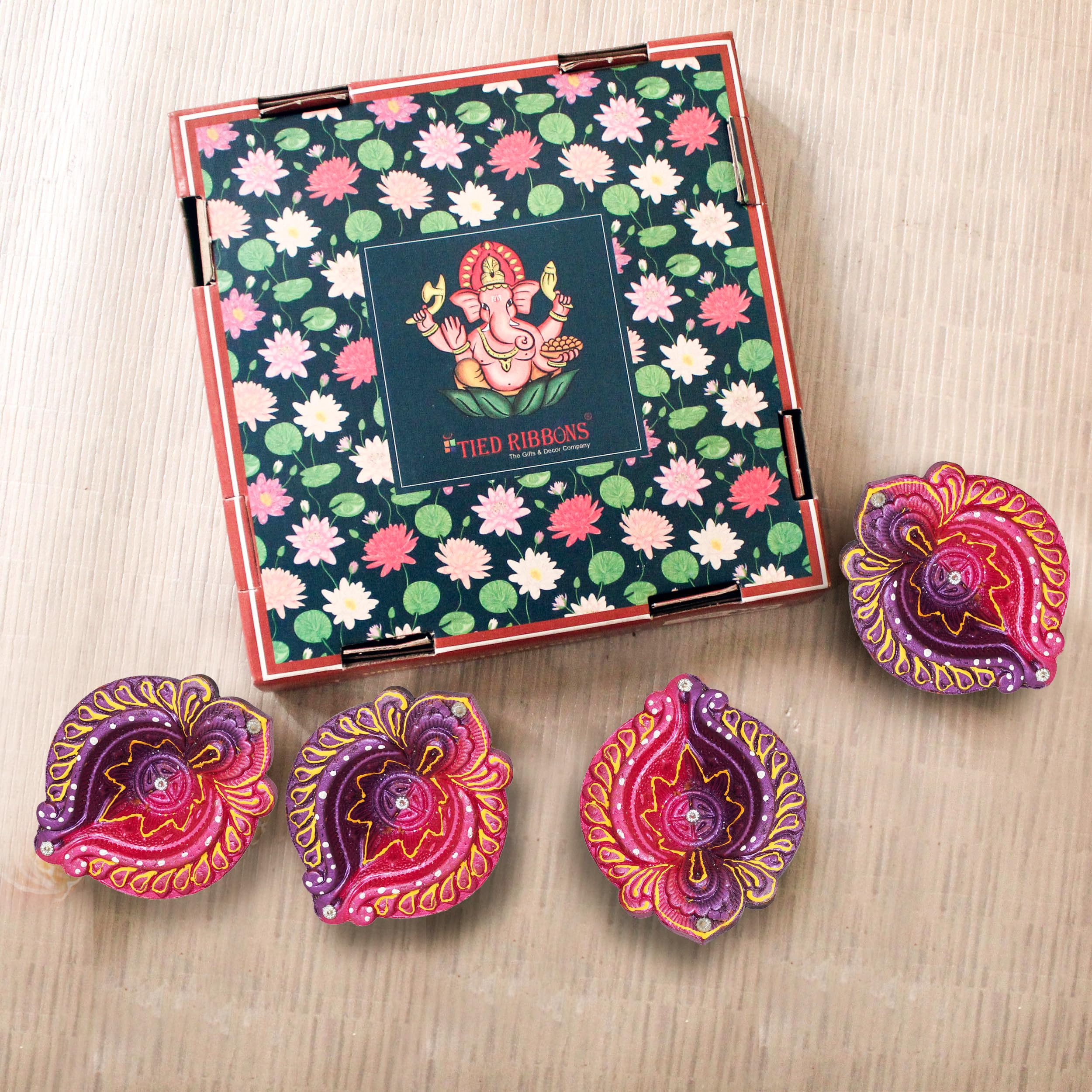 TIED RIBBONS Pack of 4 Clay Diwali Diya Set - Large Size Teracotta Diwali Diya Set Earthen Oil Ghee Diyas for Diwali - Diwali Decoration Items for Home Decor (Set of 4, Multicolor) - Diwali Décor