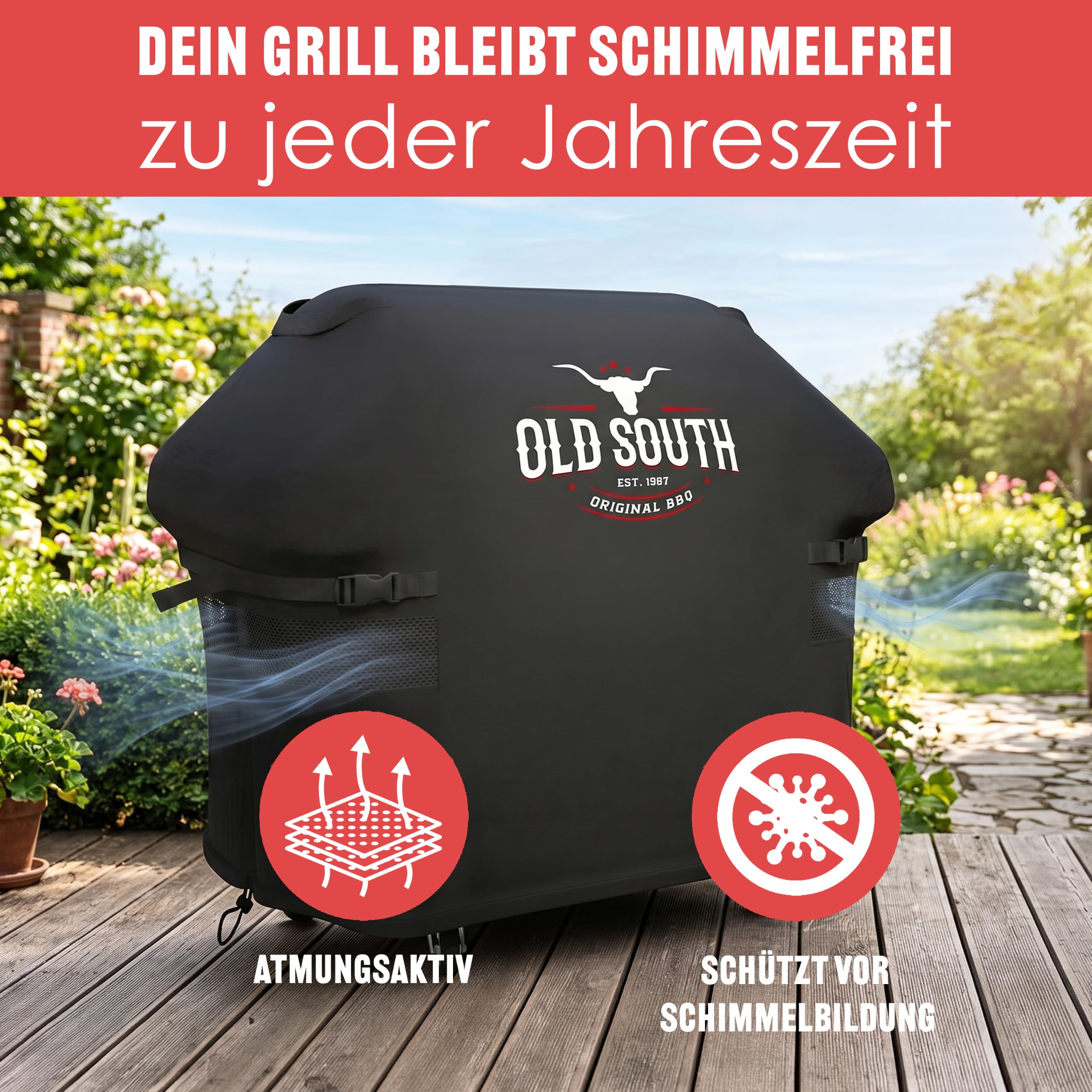 Old South - Grillabdeckung Wetterfest - Grill Abdeckhaube für Gasgrill | Für Weber, Napoleon, Enders, Rösle - Grillhaube Cover Wasserdicht (132 x 65 x 110 cm, Schwarz)