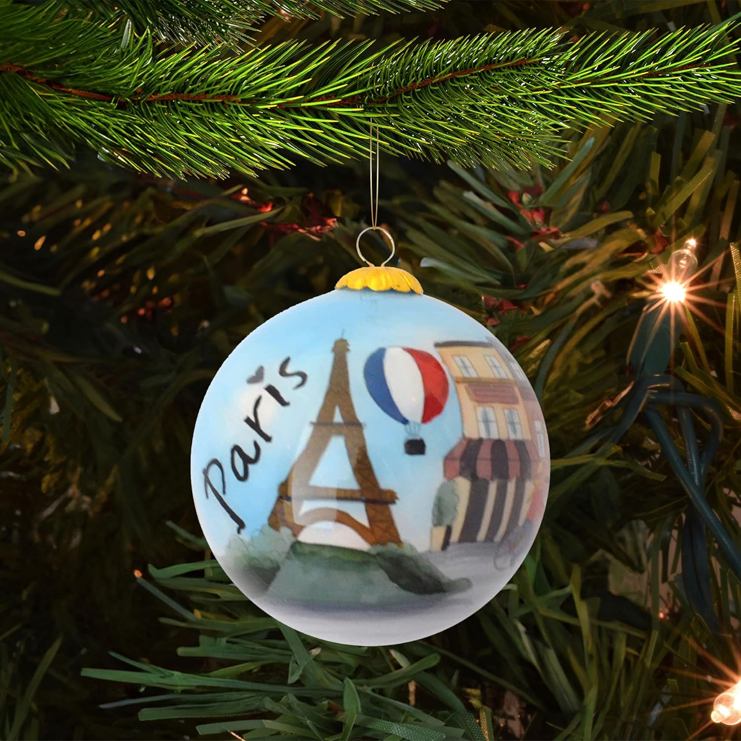 Hand Painted Glass Christmas Tree Ornament, Paris France Landmarks, 3" Handcrafted Blown Glass Ball, Eiffel Tower, Arc de Triomphe Notre Dame, Gift Box Included