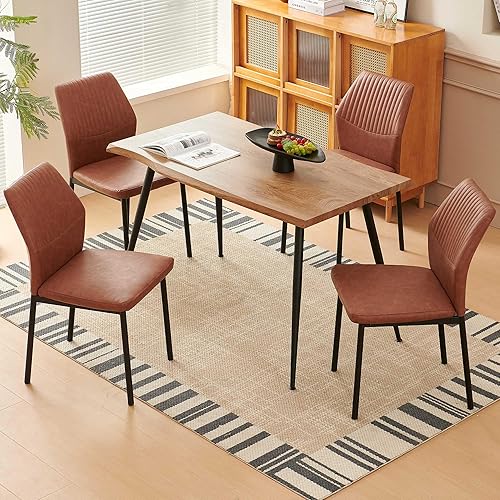 Miniatura 2 de Juego de mesa de comedor para 4, mesa de comedor rectangular irregular de madera moderna, sillas de comedor de cuero, 4 mesas y sillas, juego de 4