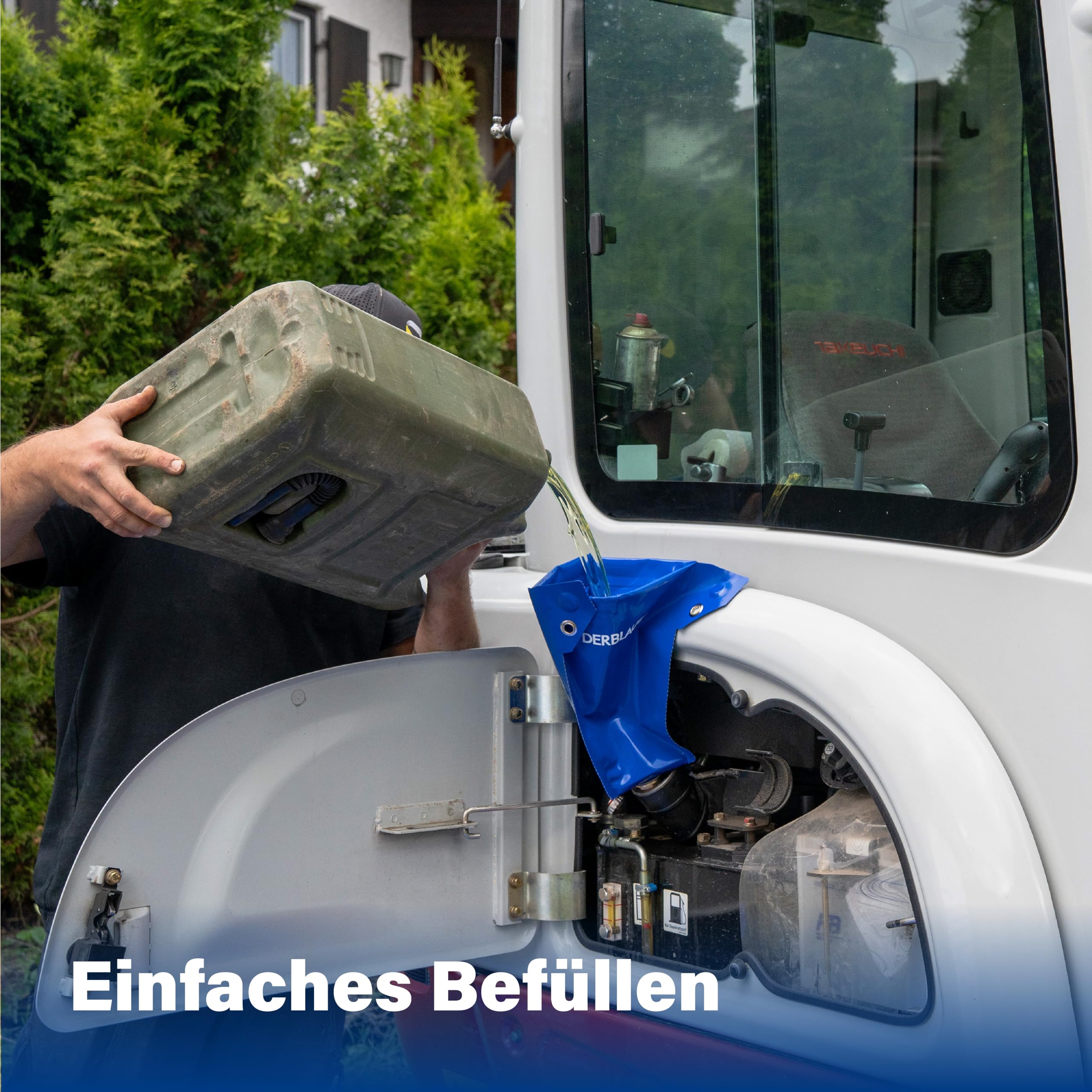 DERBLAUE® biegsame Flex-Trichter, 3/4 Zoll Anschluss, Magnete & Aufhängösen | zum Befüllen & Entleeren von Flüssigkeiten, formbare Seiten, 3 Laschen mit Magneten & Ösen, Verschlusskappe, ¾ Zoll Anschluss
