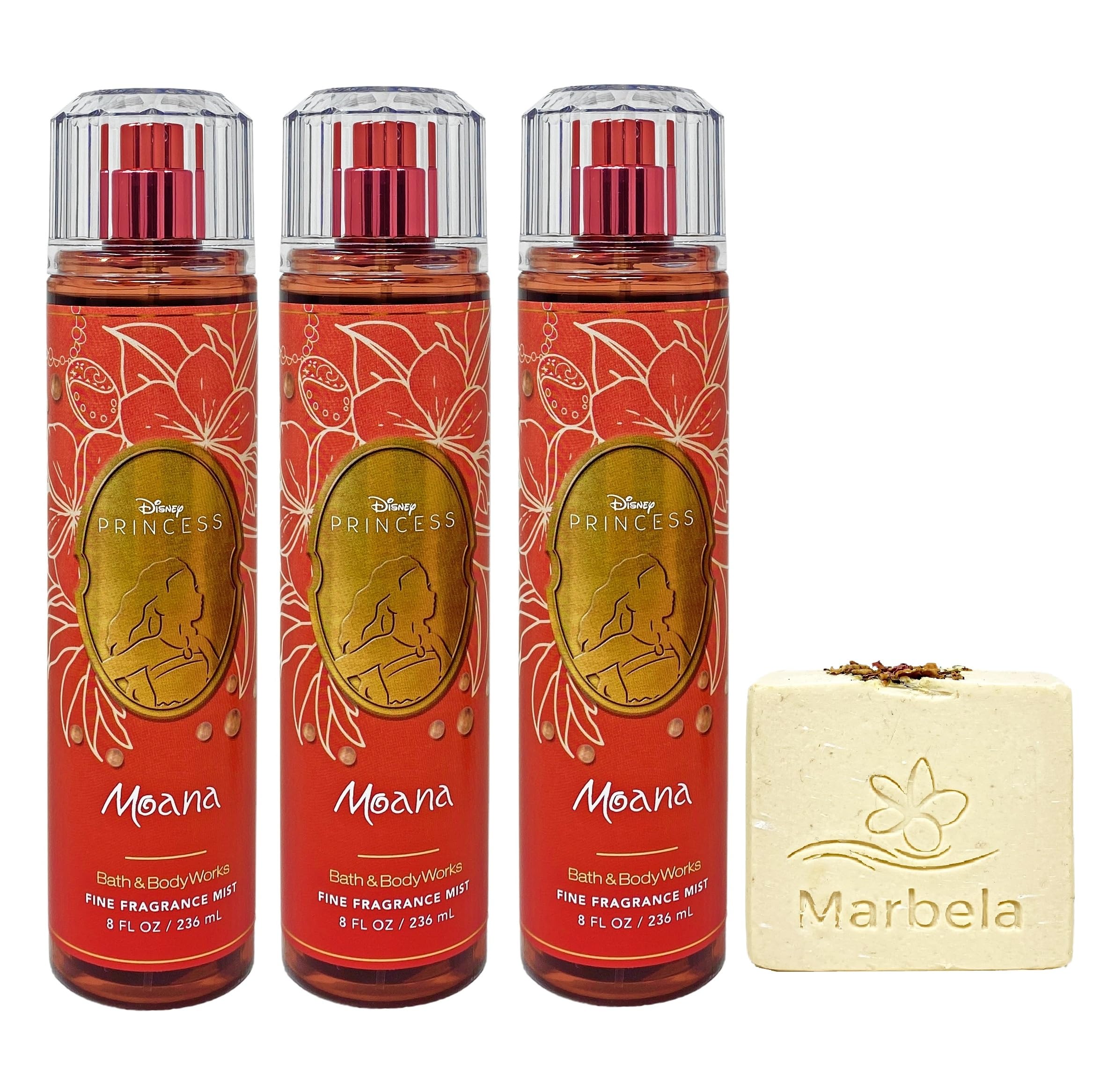 Bath & Body Works Limited Edition Princess Collection Moana 3 Pack Fragrance Mist Bundle with a Creamy Rose Bar Soap - Full Size