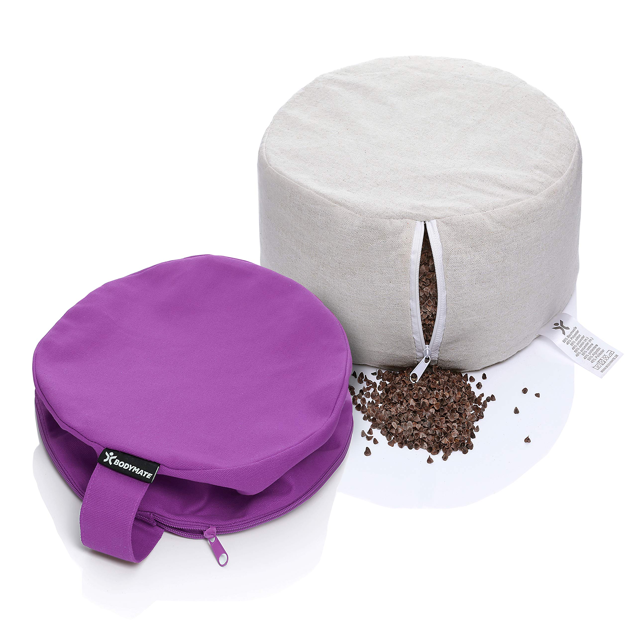 BODYMATE Cuscino da Yoga Rotondo Extra Alto 20cm Diametro 31cm con Imbottitura di Grano Saraceno e Spelta – Rivestimento Lavabile in Lavatrice 100% Cotone Extra Spesso – Cuscino da Meditazione – Zafu