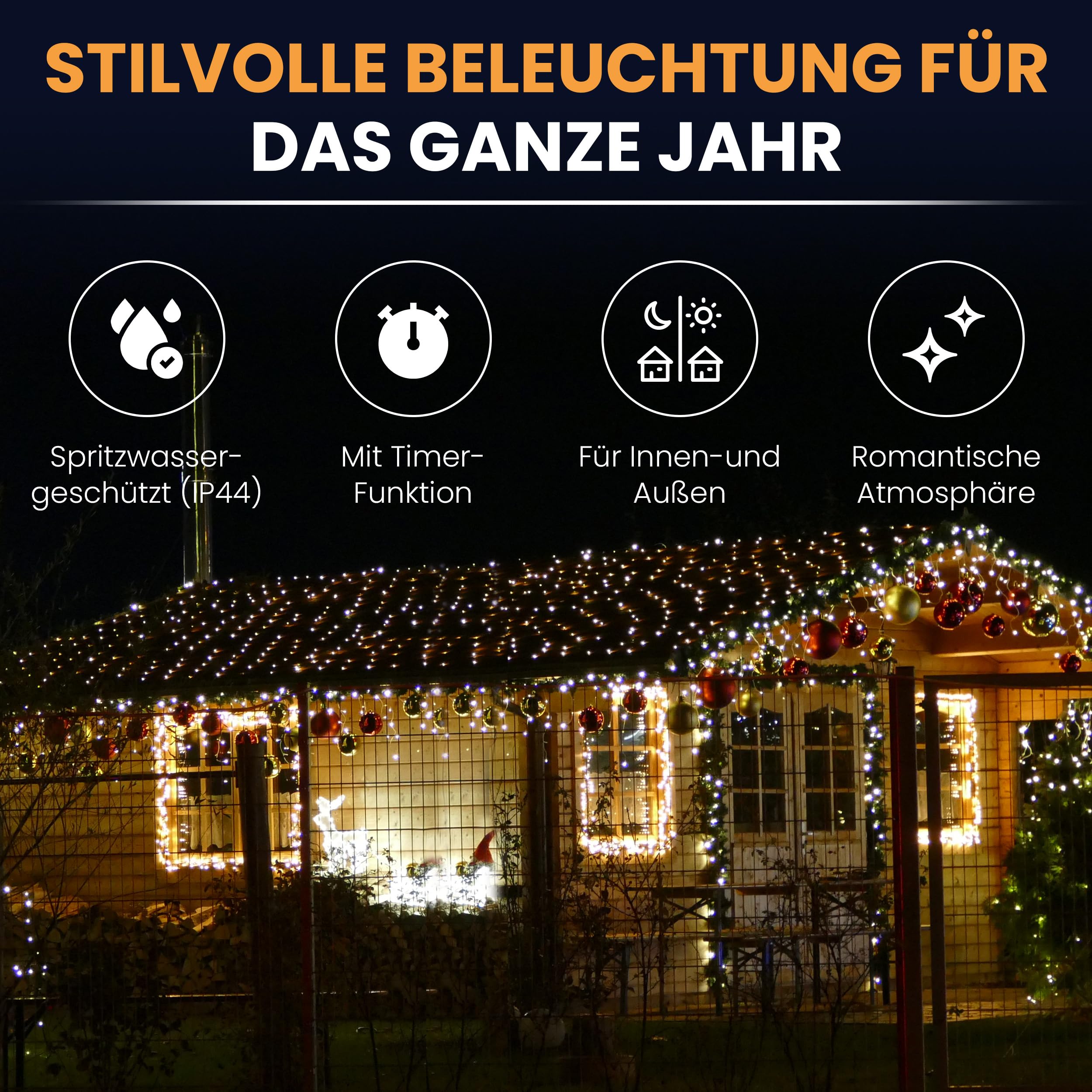Gartenpirat LED-Lichternetz 4x4 m 360 LED warmweiß mit Timer-Funktion Lichterkette Netz Beleuchtung außen innen