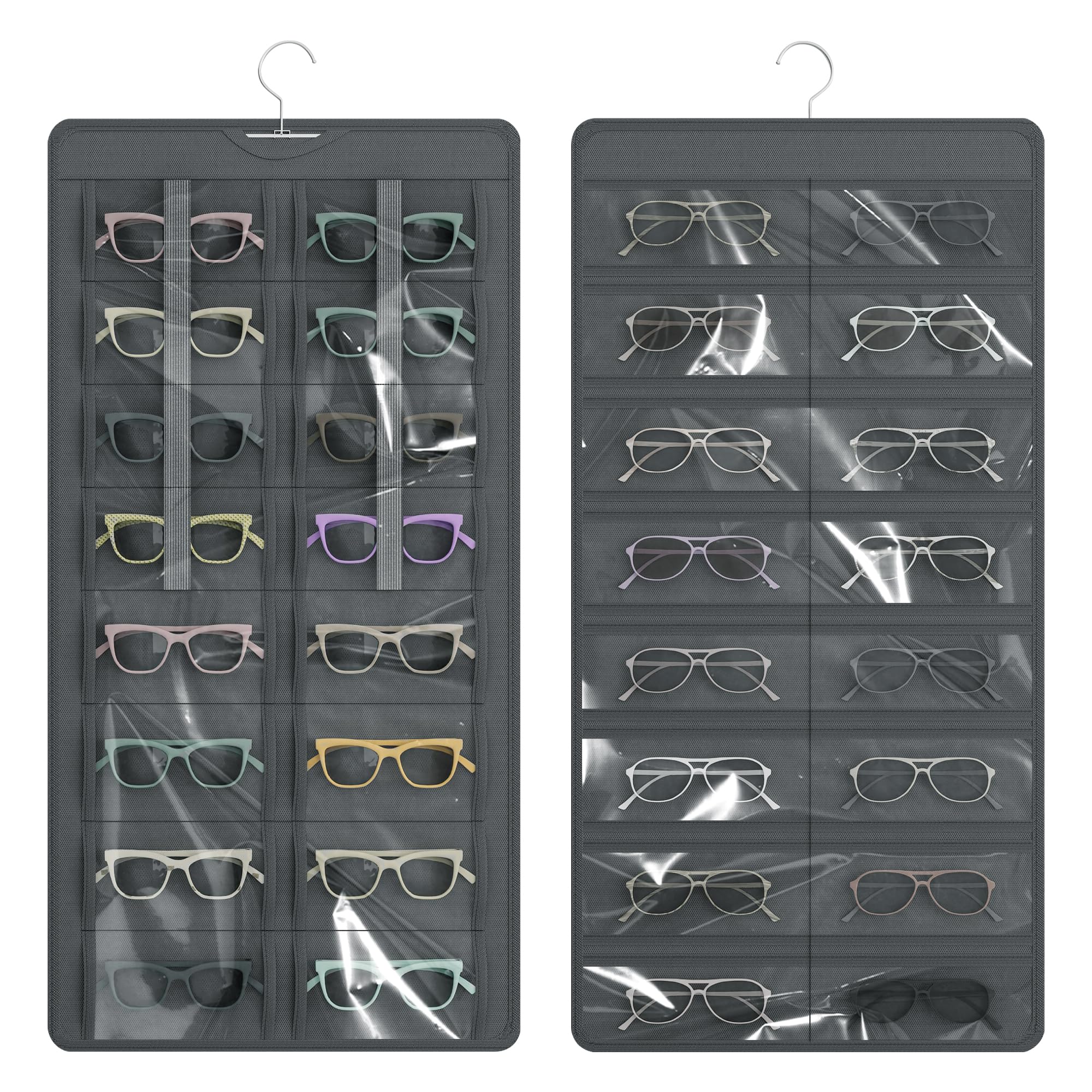 BosuelifeBosuelife Hanging Sunglasses Organizer and Storage, Dual-Sided Sunglasses Case and Jewelry Holder, Wall-Mounted, 32 Clear Slots, Dust-Proof, Roof Design for Travel, Dark Gray