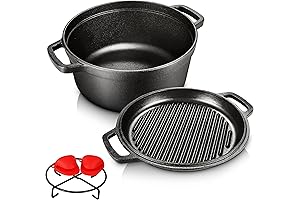Pre-Seasoned Cast Iron 2-In-1 Heavy-Duty 5.5qt Dutch Oven with Skillet Lid Set