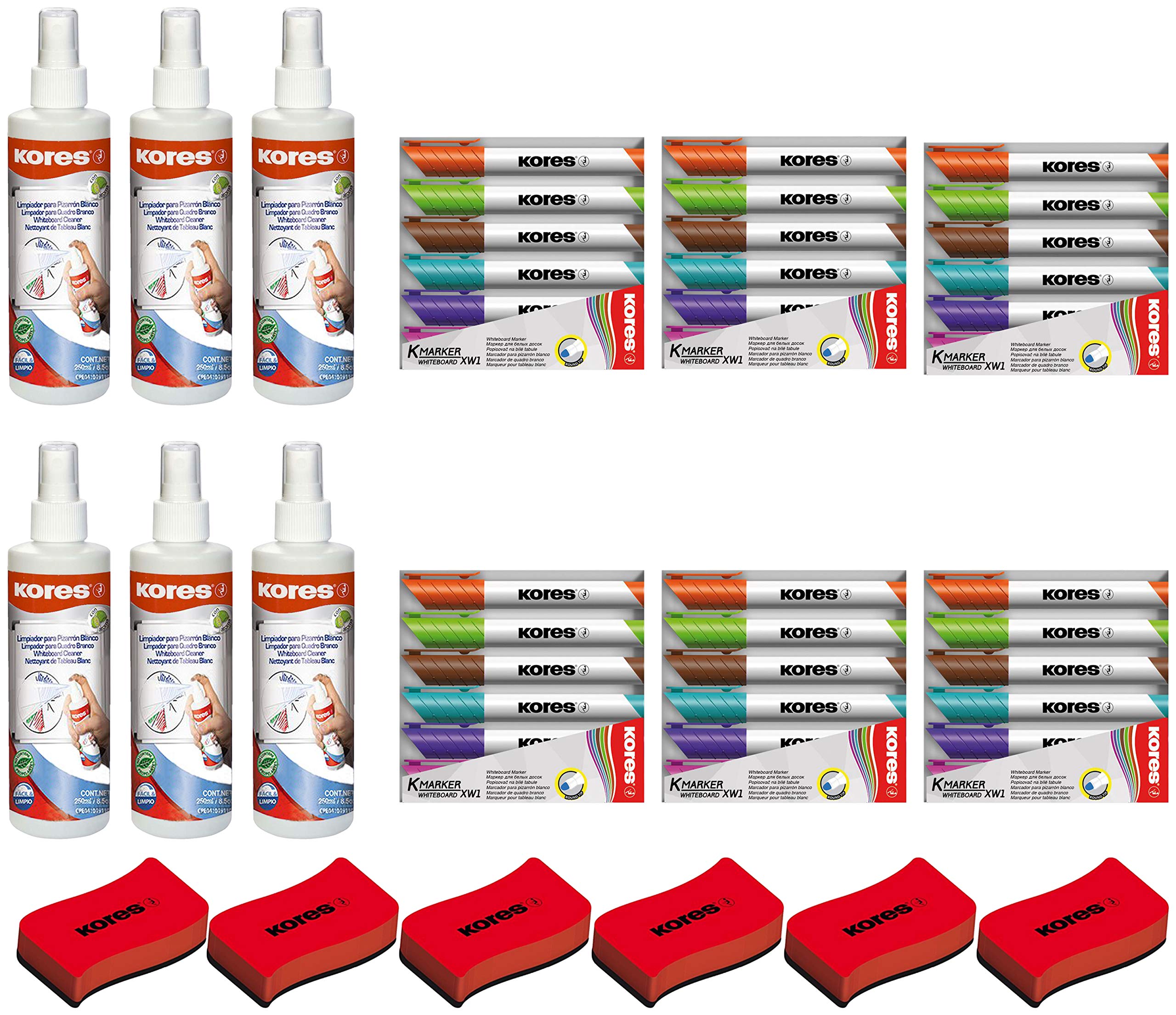 Kores Whiteboard Reiniger, Pump-Spray-Flasche, 250 ml (6, Whiteboard-Reiniger + Löscher + 6 Marker)