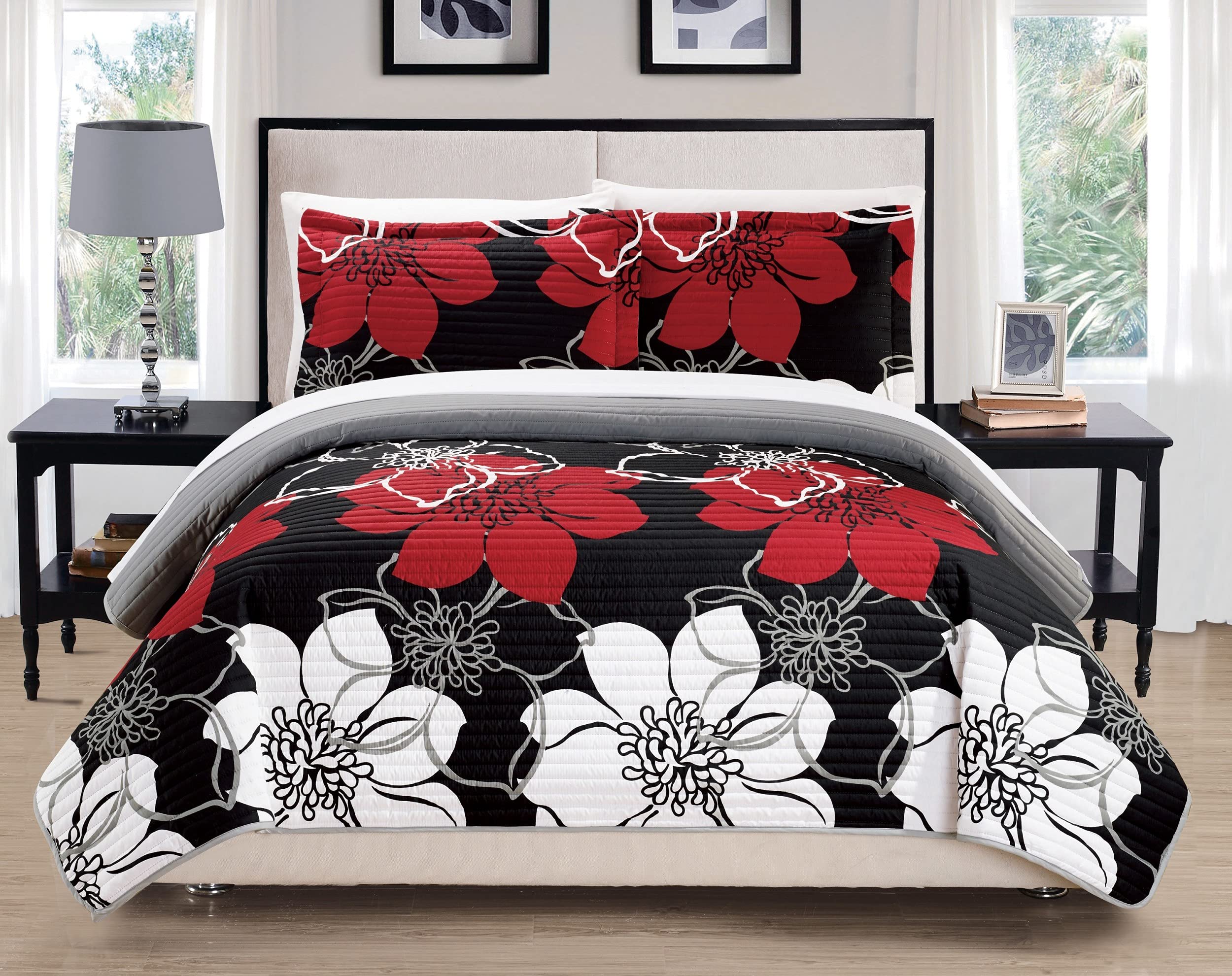 Chic HomeWoodside 3 Piece Quilt Set Abstract Large Scale Printed Floral-Decorative Pillow Sham Included, King, Black
