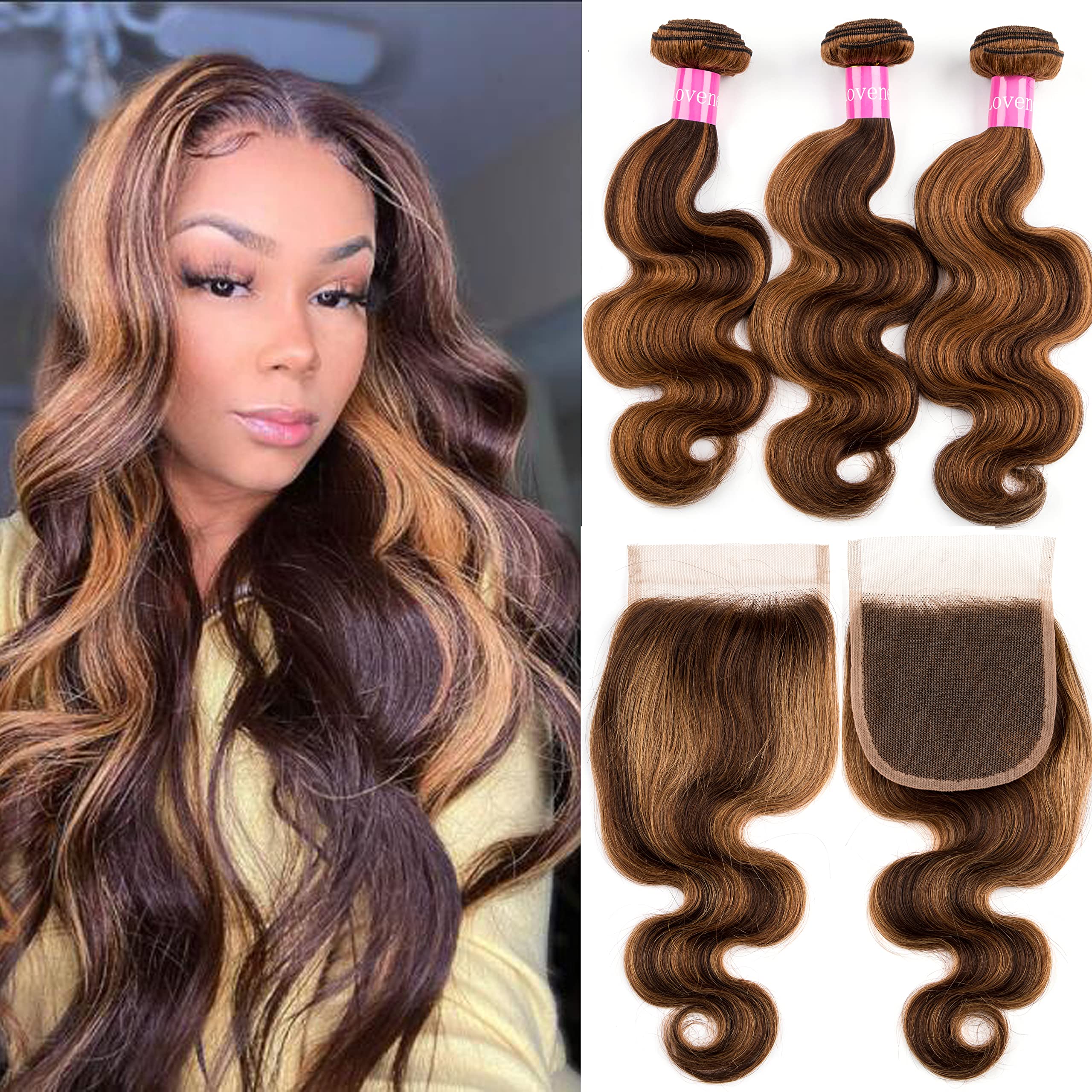LoveneaOmbre Highlight Body Wave Human Hair Bundles with Closure 16 18 20+14 inch 3 Bundles with 4x4 Lace Closure Free Part 100% Virgin Brazilian Human Hair Weave Color P4/27(16 18 20+14, P4/27)