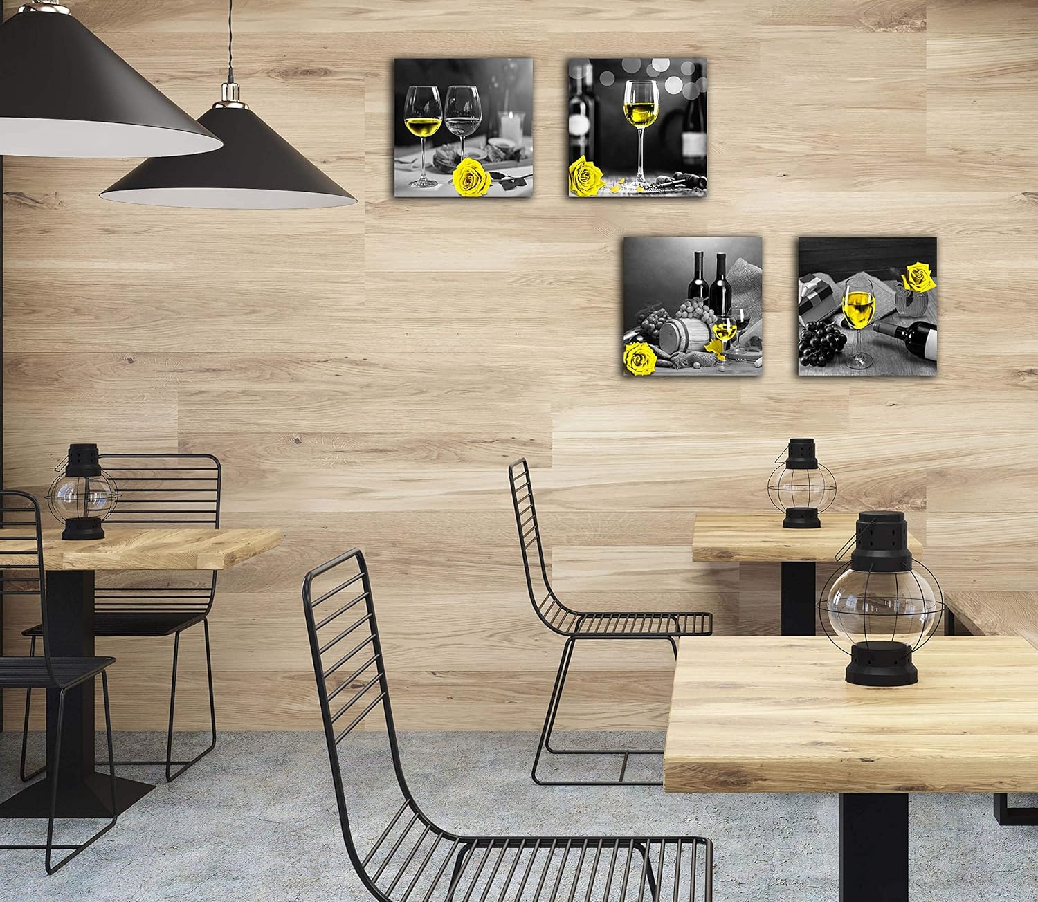 Kitchen Wall-Decor - Wine Wall Art For Bedroom Women,Black And White Wall Art - Modern Art Decorations For Living Room - Yellow Rose Artwork Gray Cask 4 Framed Canvas Art 14x14 Inches 14"x14"x4Pcs Yellow