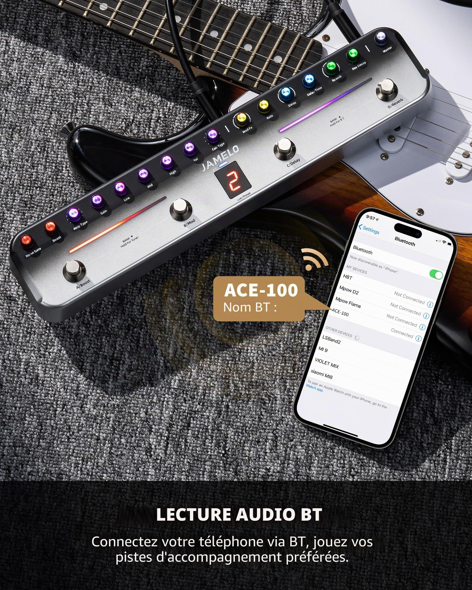 Jamelo - Pédale de guitare électrique multi-effets, avec 40 préréglages modifiables, 7 modules d'effets populaires, chœur, retard, réverbération, mod, batterie rechargeable