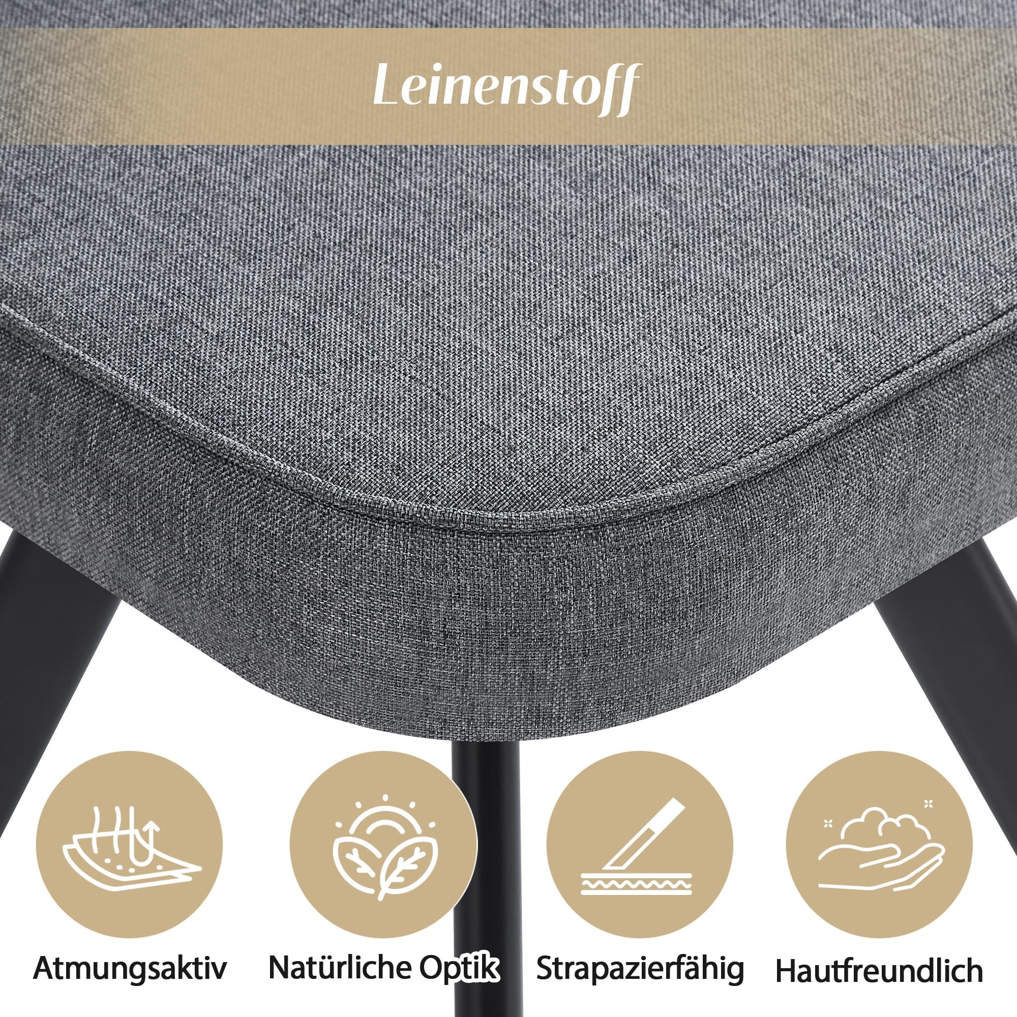 Essgruppe mit 6 Stühlen aus Leinen, Esstisch Set mit Tischplatte(140 x 90cm) aus Walnussholz, Dining Table Set mit rutschfeste Fußpolster, für Küchen und Esszimmer, Grau