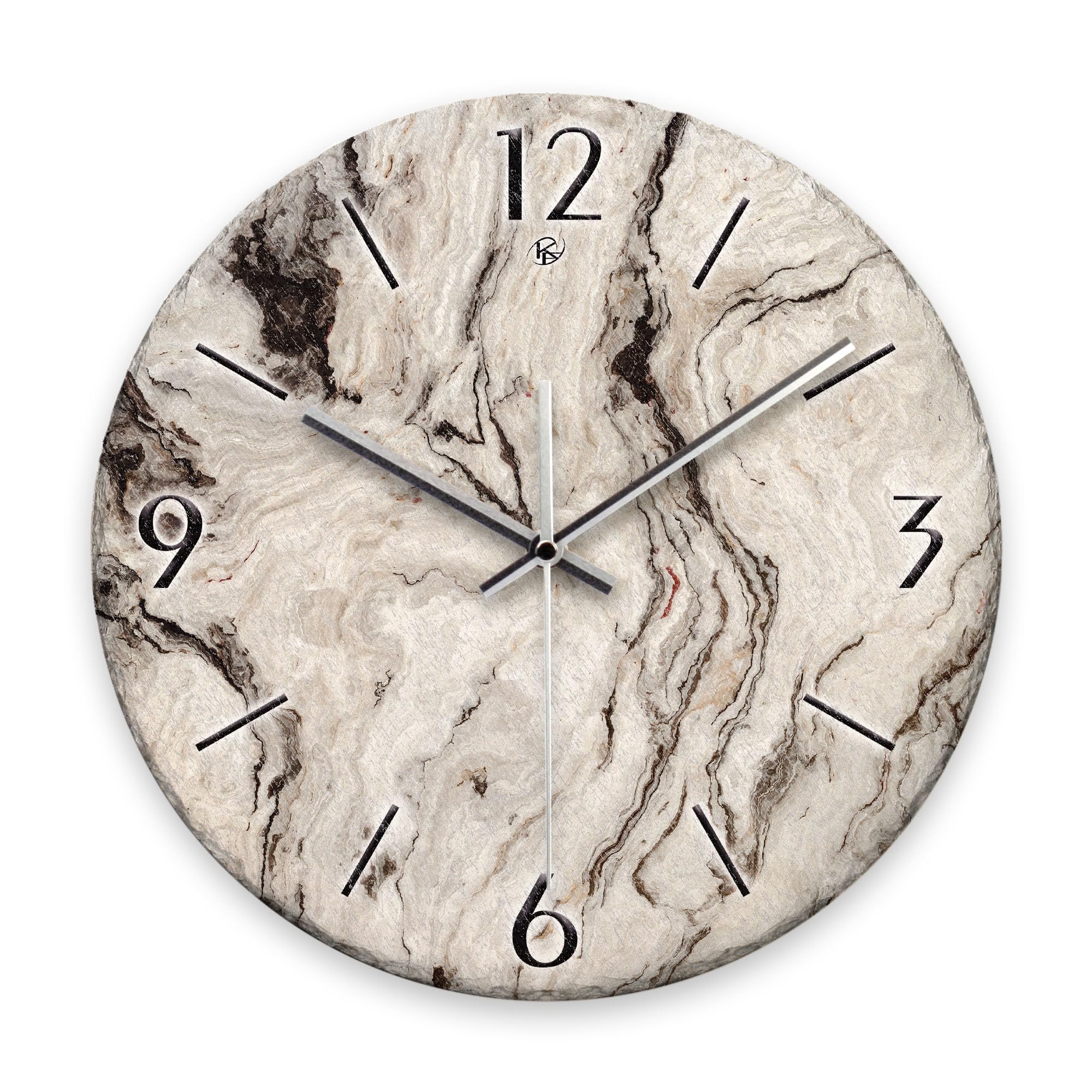 Kreative Feder Wanduhr „Marmor-Optik“ aus Stein (Keramik) in Schiefer-Optik; Durchmesser 30cm; mit leisem Uhrwerk (Marmor-Optik, leises Quarzuhrwerk)