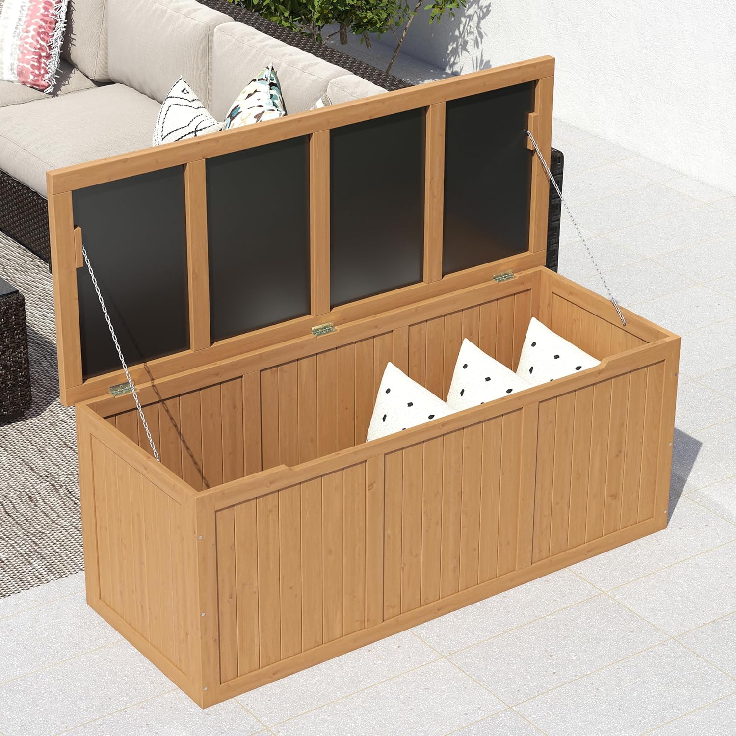 110-Gallon Extra-Large Outdoor Solid Wood Deck Box - Durable, Weather-Resistant Storage Box with Seat & Table Top for Patio Cushions, Pool, Garden Tools | Hinged Lid & Easy Access Design (Light Brown)