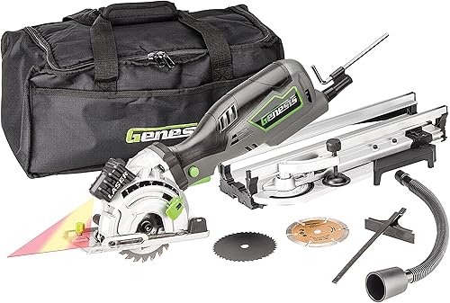 Genesis GPCS535CK Kit de sierra circular compacta de inmersión con empuñadura de control de 5.8 amperios y 3 12 pulgadas con láser, base de inglete,
