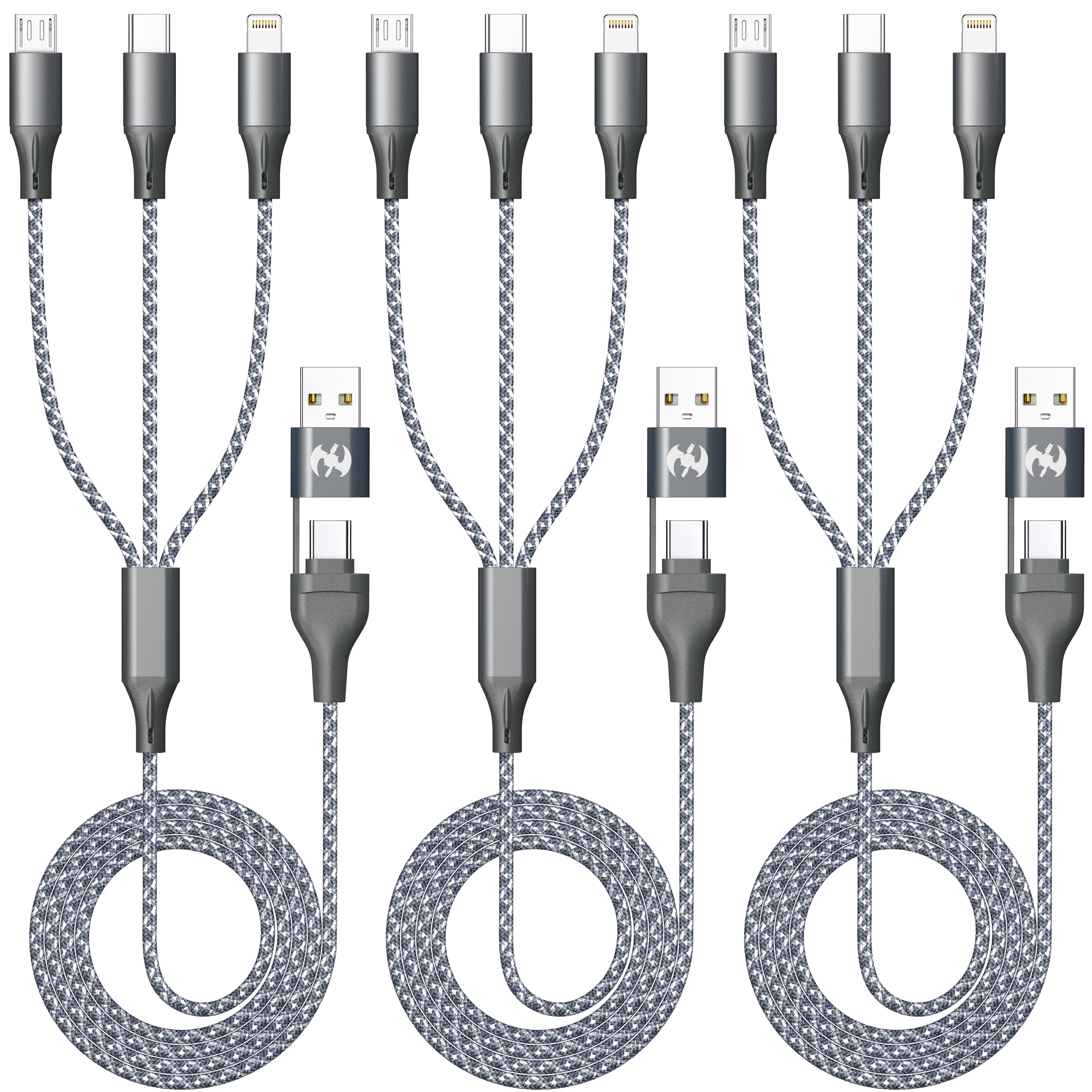 IDISON Cavo di ricarica multiplo (1,2 m, confezione da 3), cavo di ricarica 3 in 1, essenziale da viaggio, cavo intrecciato in nylon intrecciato USB A/C, cavo di ricarica per iPhone e iPhone con USB