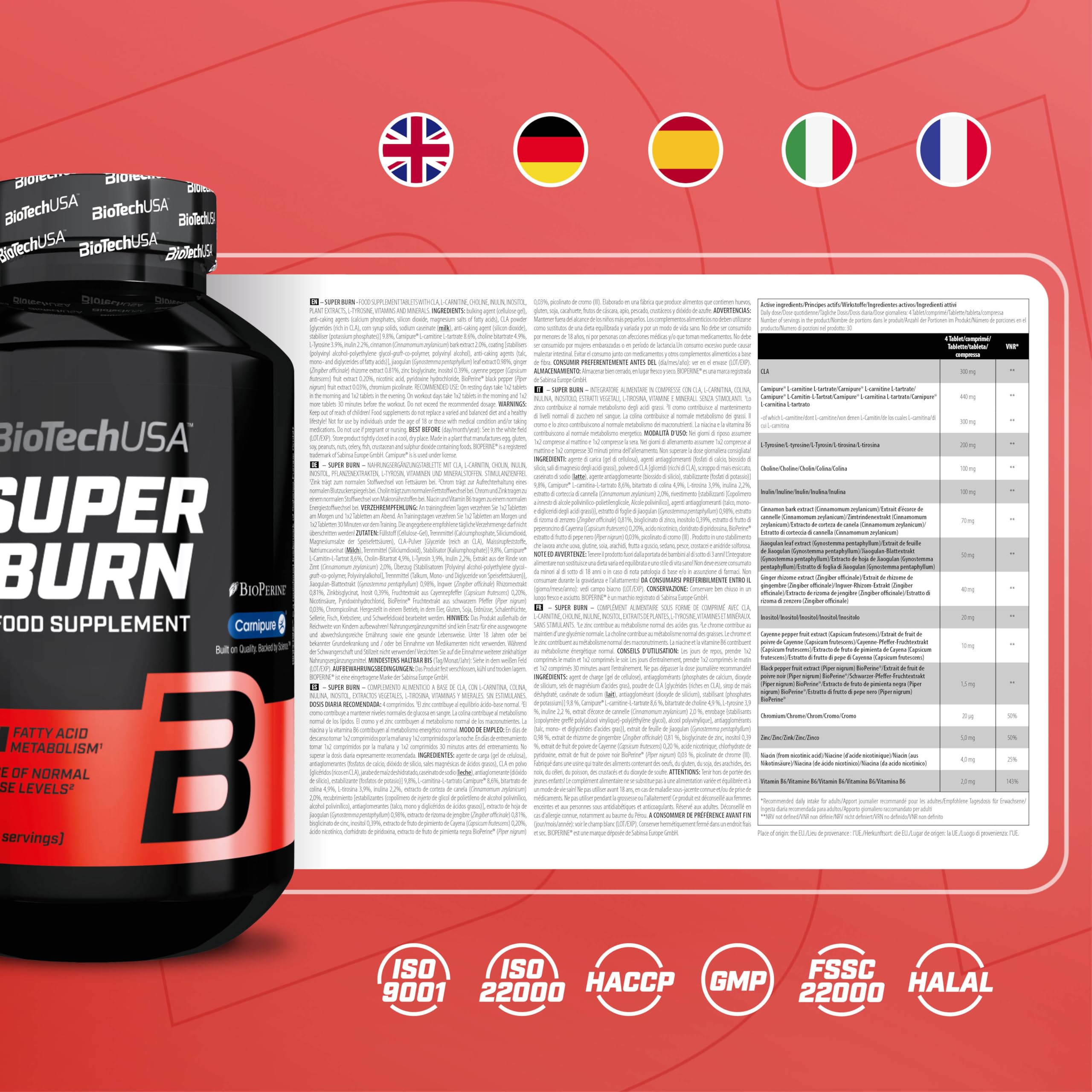 BioTechUSA Super Burn | mit Carnipure® L-Carnitin, Cholin und BioPerine® | zur Gewichtskontrolle und Stoffwechselunterstützung | Koffeinfrei | Glutenfrei, 120 Tabletten