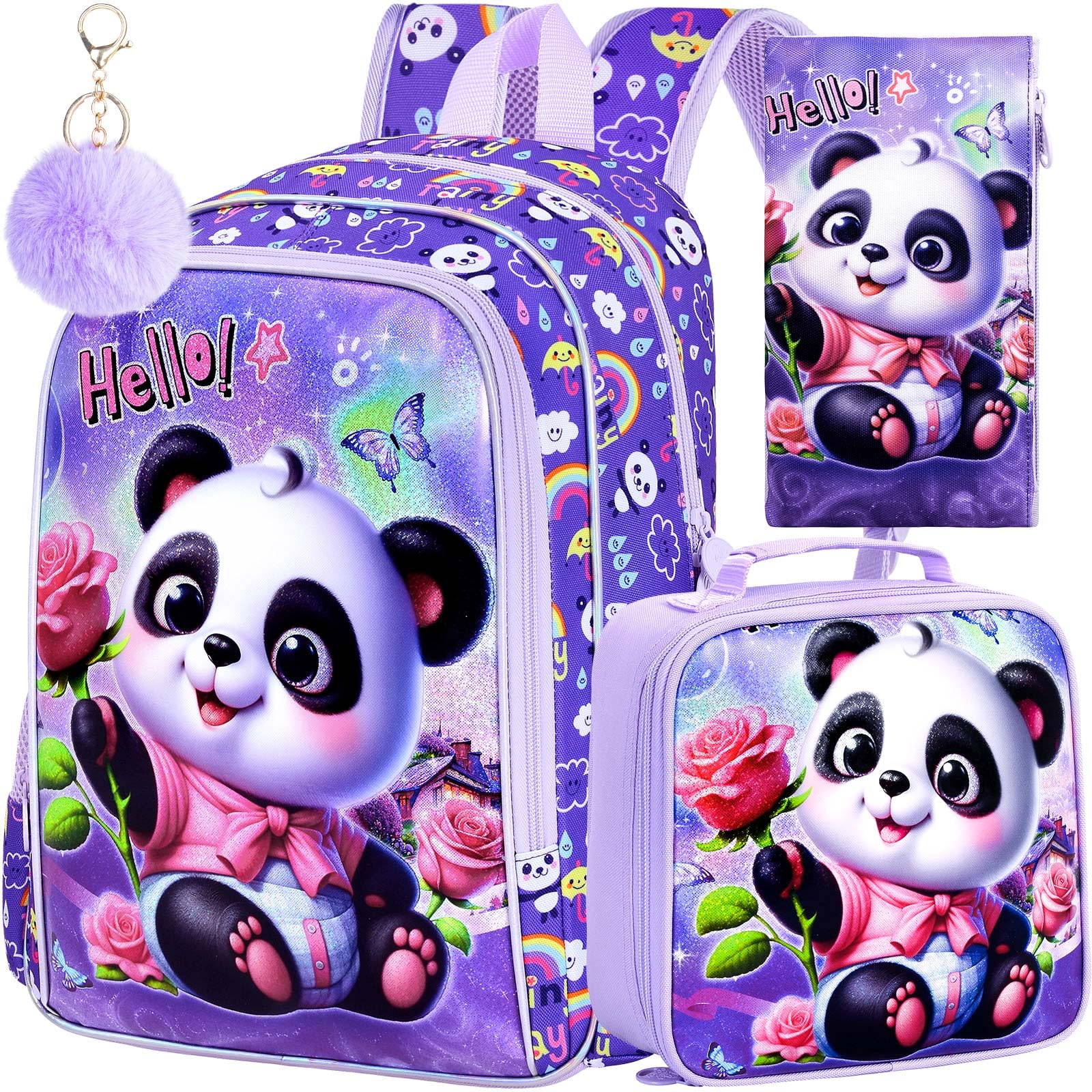 AGSDON 3PCS Kids Backpack for Girls, 16" Kid Backpacks Panda Preschool for Elementary, Water Resistant Bookbag with Lunch Box