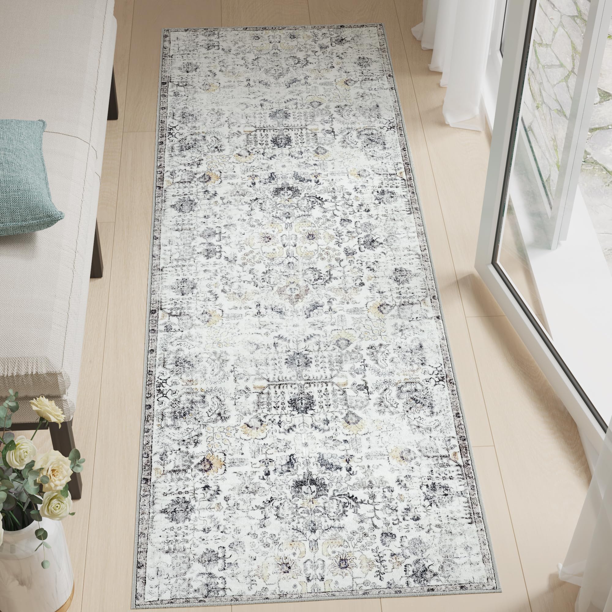 jinchan Kalen Runner Rug 3x8 Washable Area Rug Soft Vintage Indoor Floor Cover Thin Retro Distressed Grey Multi Carpet Floral Print Country Non Slip