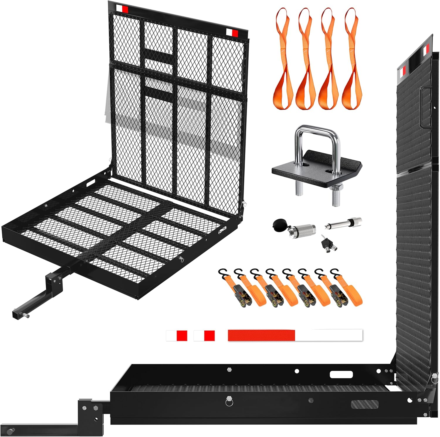 Mockins 40"x40"x4" Square Heavy Duty Trailer Hitch Cargo Carrier with Ramp | 500 Lbs. Cap Weatherproof Steel Scooter Rack for Car, SUV, Truck, Van, RV | Wheelchair Carrier for Car Hitch w/Accessories 40"L X 40"W X 4"H Hitch Carrier w/ Ramp