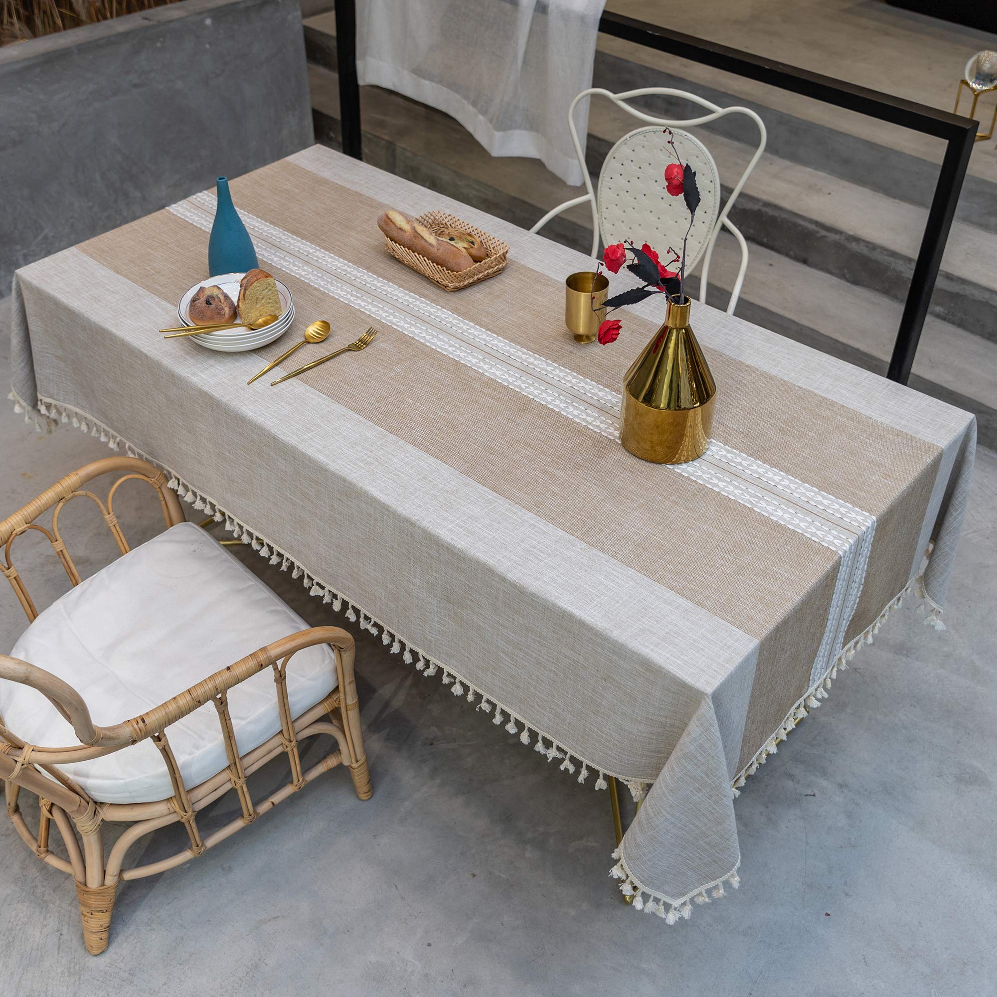 Rainlin Rustic Linen Stitching Tassel Tablecloth Fabric Cotton Wrinkle Free Dust-Proof Rectangle Table Cover Embroidery Ta...