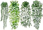 Artificial Hanging Plants for Shelf, 4 Pack Fake Potted Greenery Faux Eucalyptus Vine, Mandala Vine, String of Pearls,Pea pod Leaves in Pot for Office Living Room Bathroom Indoor Outdoor Décor