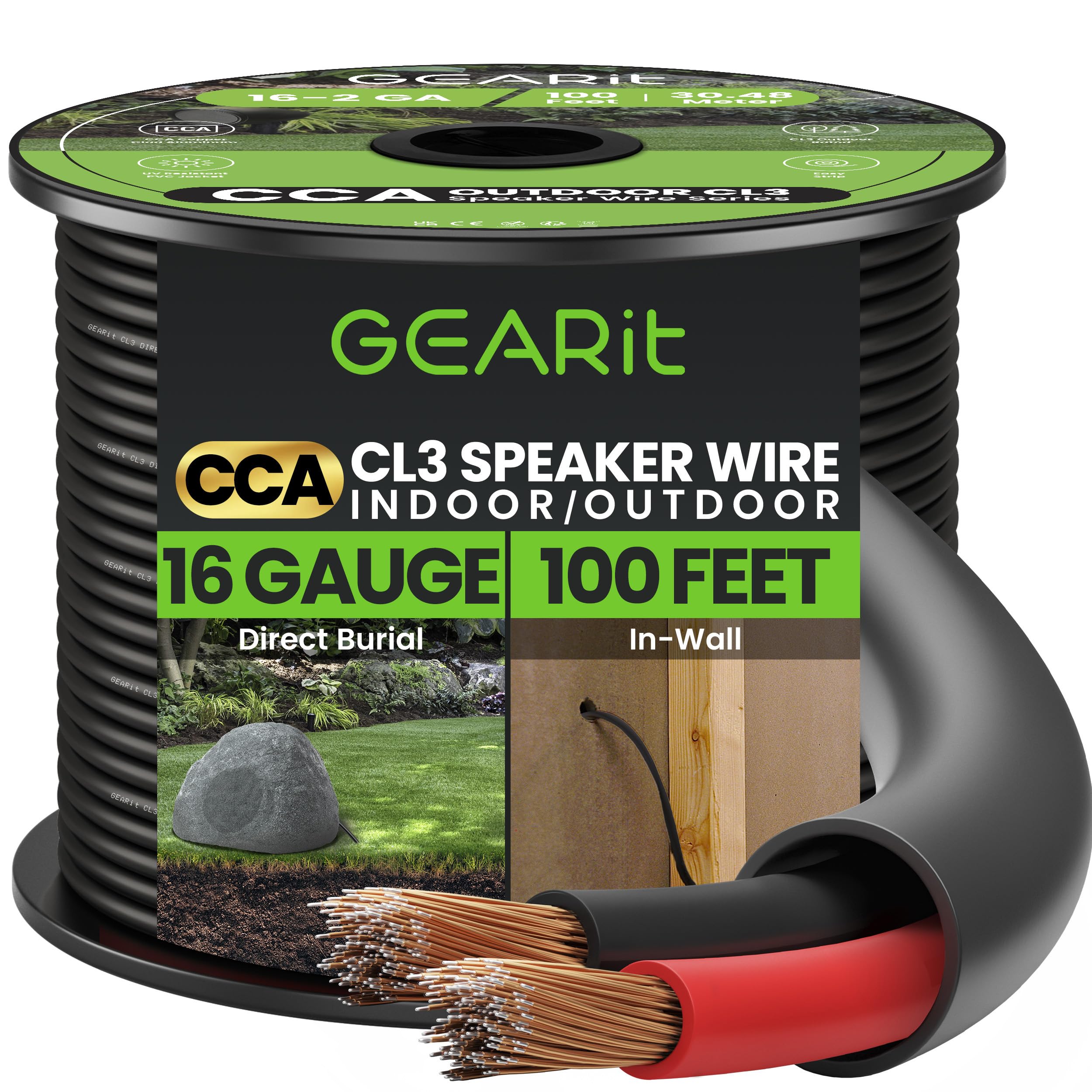 GearIT 16/2 Speaker Wire (100 Feet) 16 Gauge (Copper Clad Aluminum) - Outdoor Direct Burial in Ground/in Wall / CL3 CL2 Rated / 2 Conductors - CCA, Black 100ft