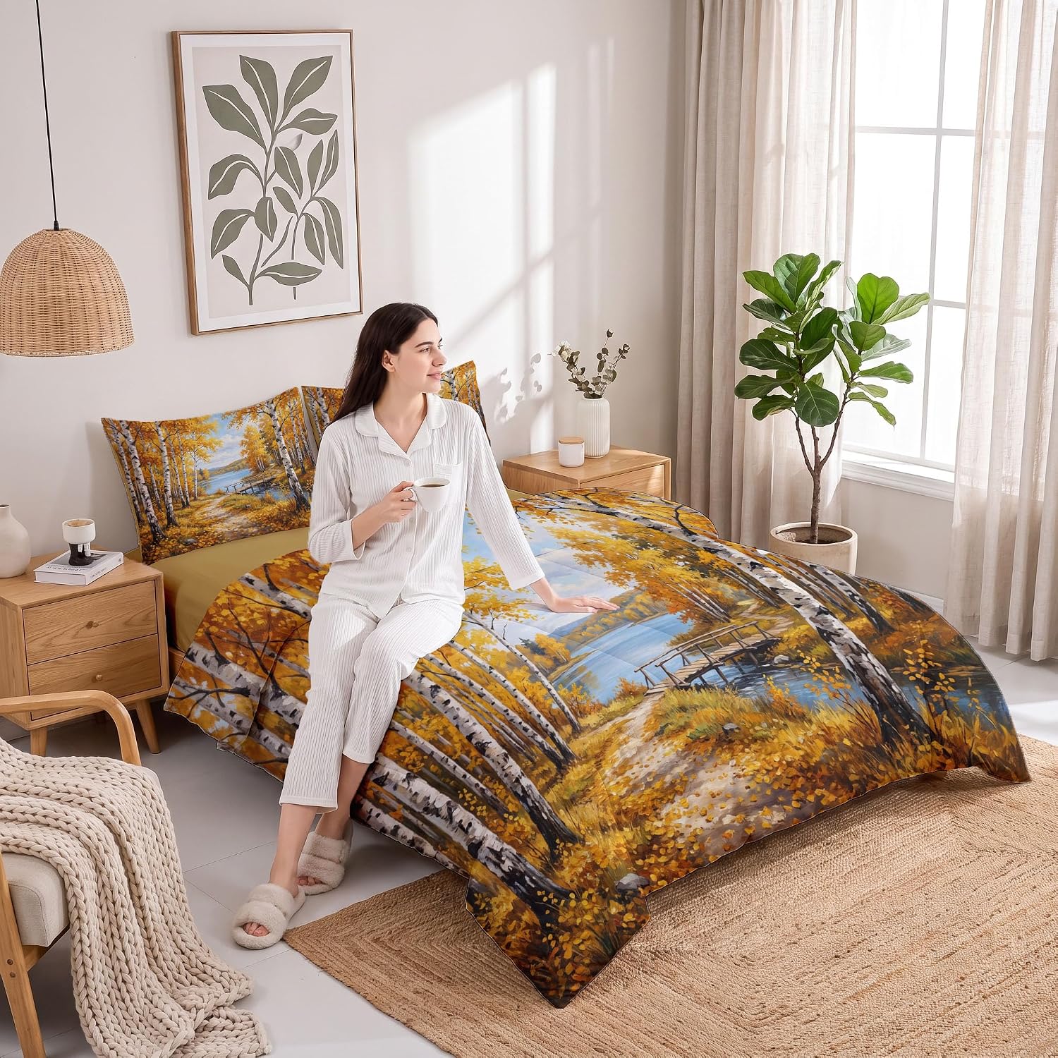 Autumn Scenery Comforter Set Full Size, Birch Tree Lake Print Breathable Bedding Set for Girls Boys Teens, Golden Yellow Quilt Duvet with 2 Pillow Cases