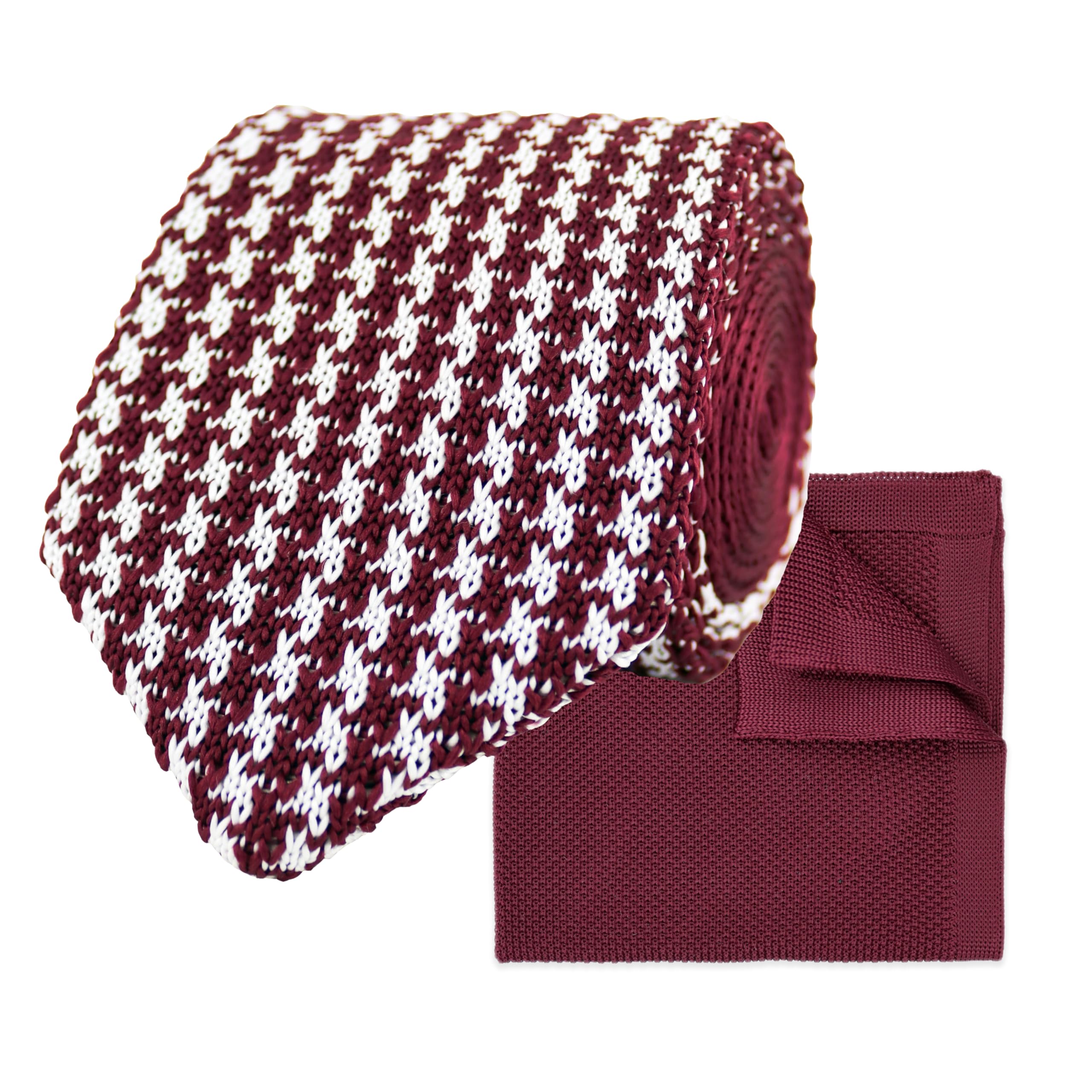 THE GENTS LAB Men's Diamond End Knitted Neck Tie With Houndstooth Design & Matching Pocket Square | Made From 100% Soft Polyester | Over 10+ Colours (Wine Red)