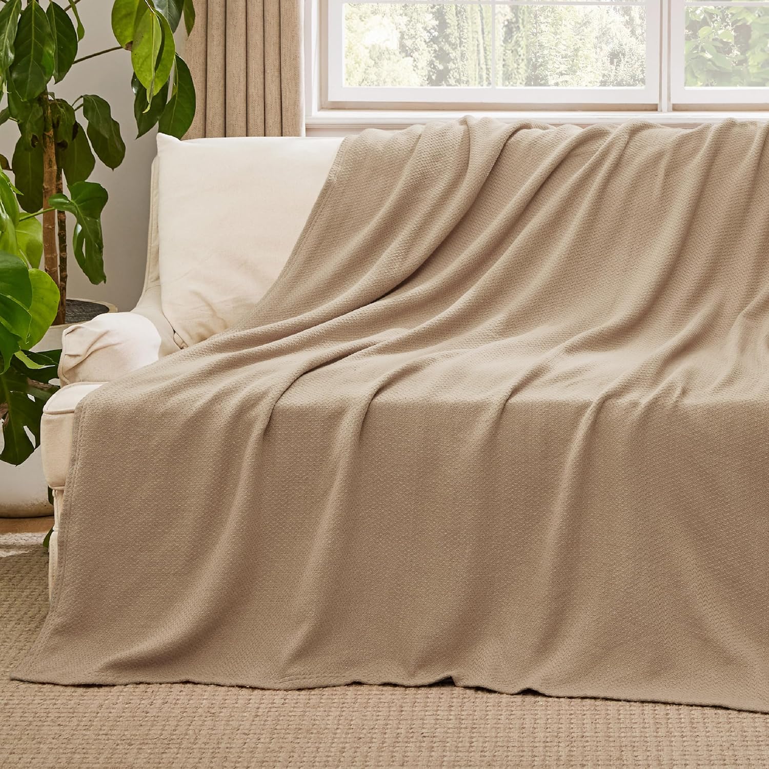 Bedsure GentleSoft 100% Cotton Blanket Twin XL Size for Bed - Breathable and Lightweight, Soft Cozy Textured Herringbone Woven Summer Blanket for College Dorm, Light Brown, 66x90 inches - Image 5
