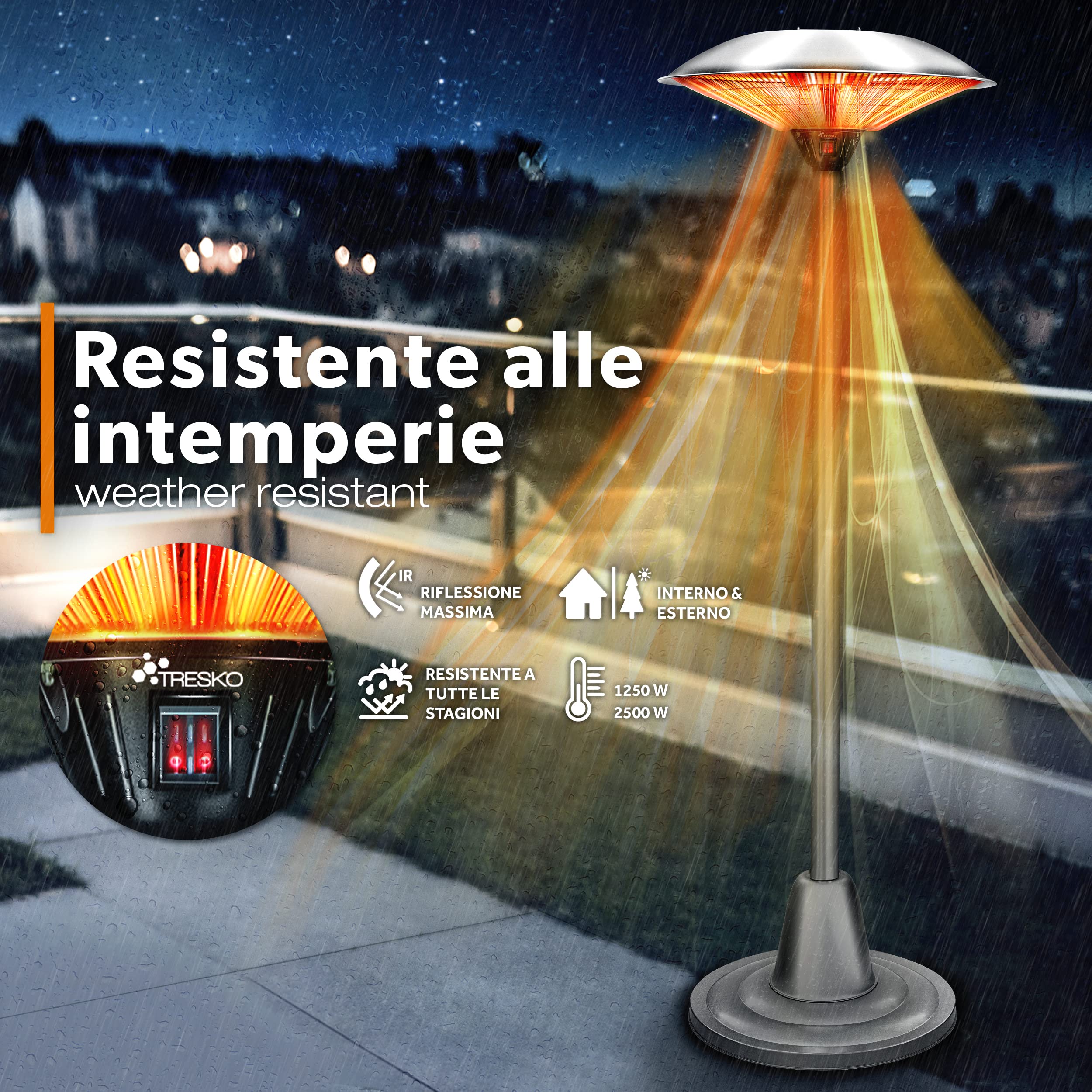 TRESKO Stufa a infrarossi 2500W | Riscaldatore Fungo elettrico da patio con 2 livelli di calore | interni ed esterni | Riscaldatore da stand con display a LED in quarzo a infrarossi