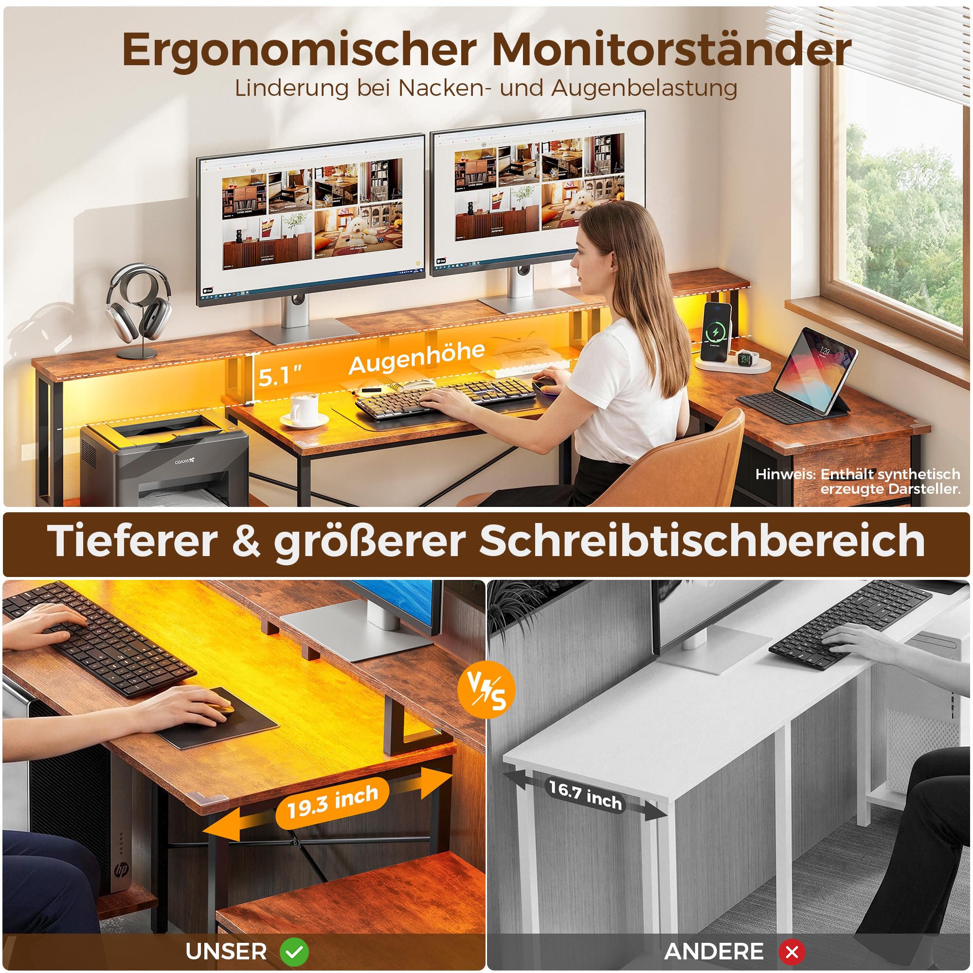 IRONCK Schreibtisch L Form Gaming Tisch mit LED & Steckdosen 2AC+1USB+1C, 189x100cm Eckschreibtisch mit 6 Schubladen&Monitorständer, Reversible Computertisch mit Stauraum für Home Office Vintage-braun