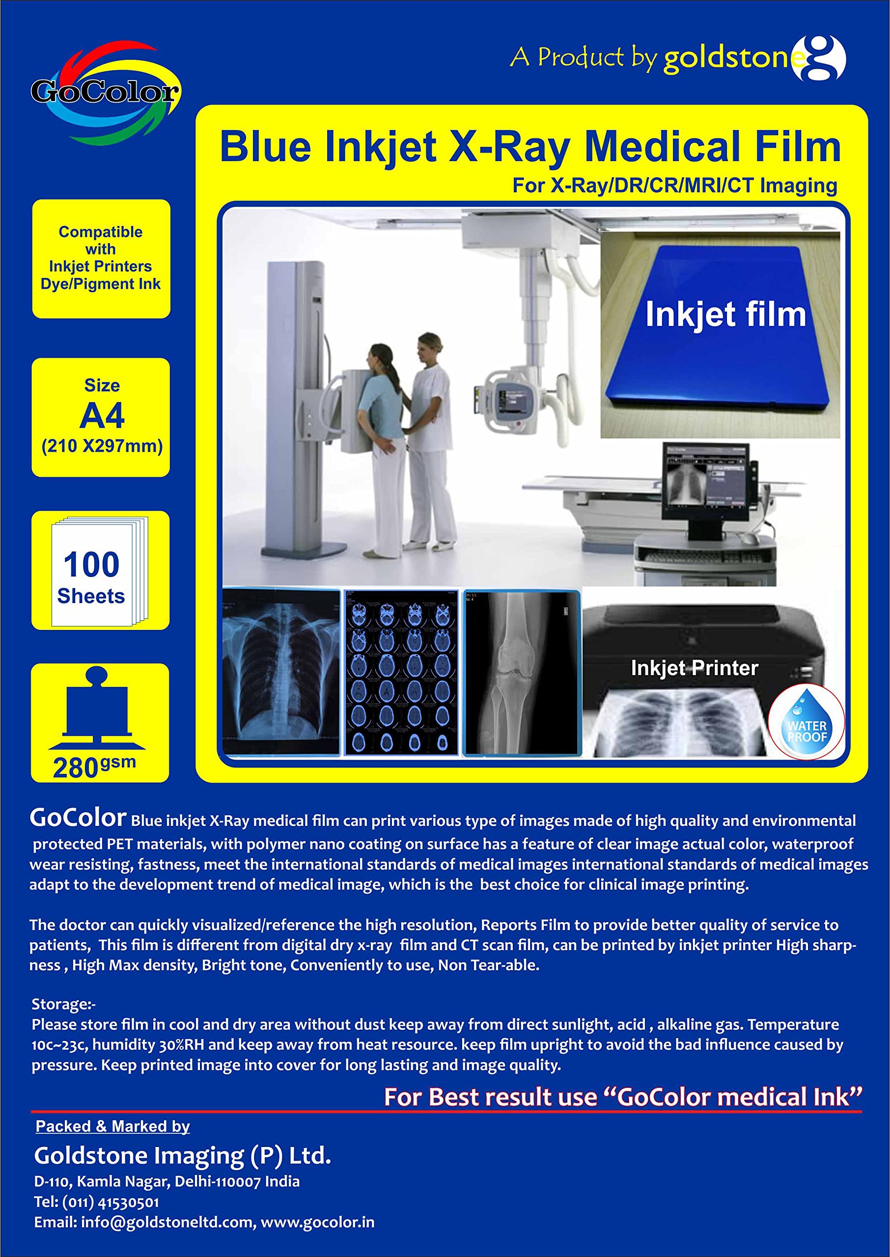 GoColor Inkjet Medical X-Ray Blue Film 280Gsm/210 Micron - A4 / 100 Sheet IMPORTED