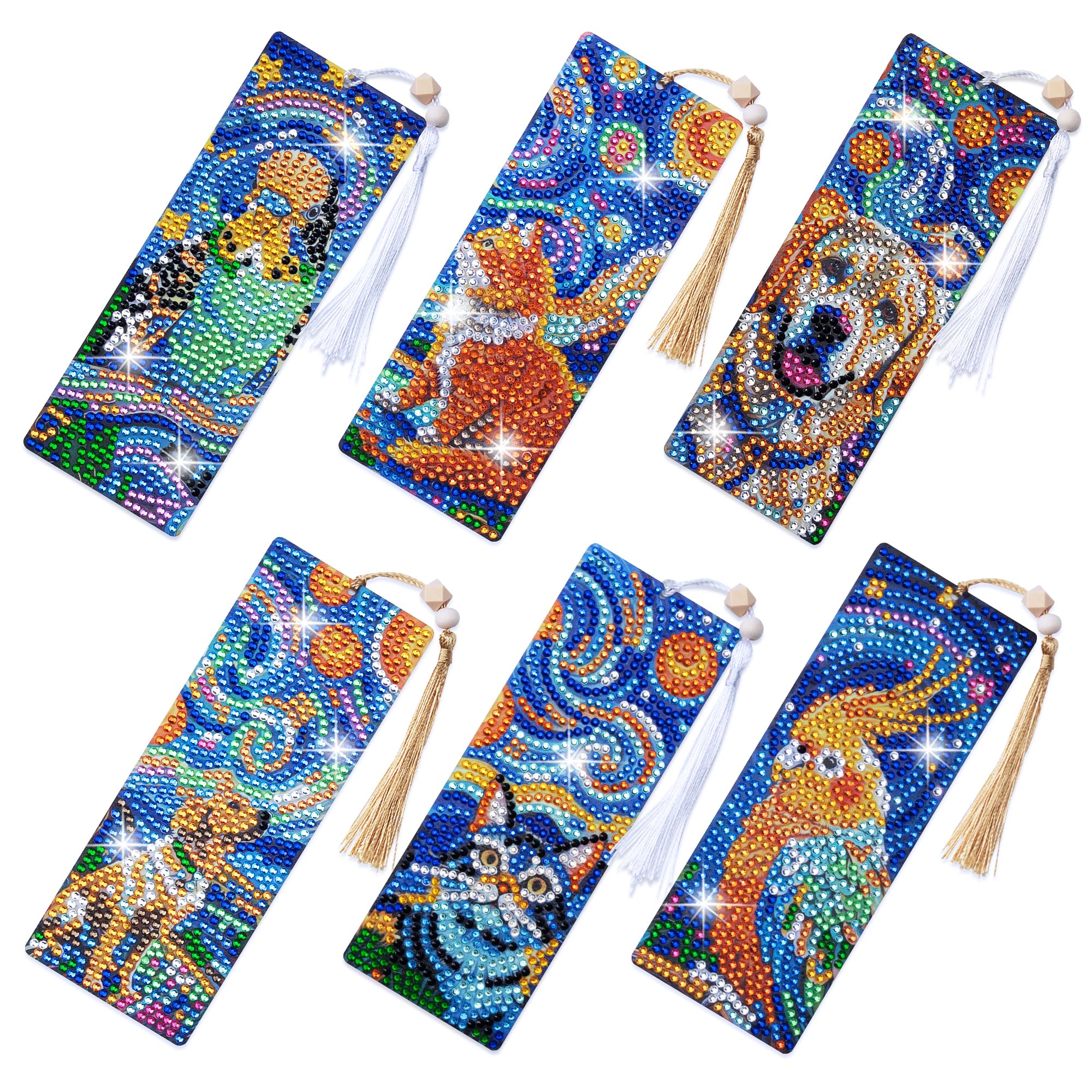 SWATOM 6 Pcs 5D Diamond Painting Bookmarks Starry Night & Animals Acrylic Diamond Art Bookmark with DIY Painting Kits Tassels & Wood Beads Pendant