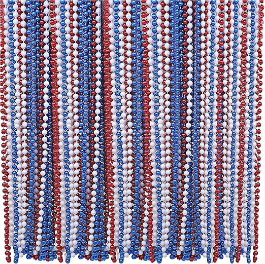4E's Novelty Patriotic Beads Necklace (72 Pack) Bulk Red White Blue Beads 33 Inch Long 7mm Thick, Great for 4th of July Party Favors, Parade Throws, Dress Up July 4 Accessories Supplies