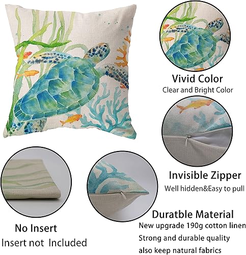 Miniatura 3 de Juego de 4 fundas de almohada costeras de 18 x 18 pulgadas, diseño de océano, para exteriores, playa, temática de verano, tortuga, caballito de mar,