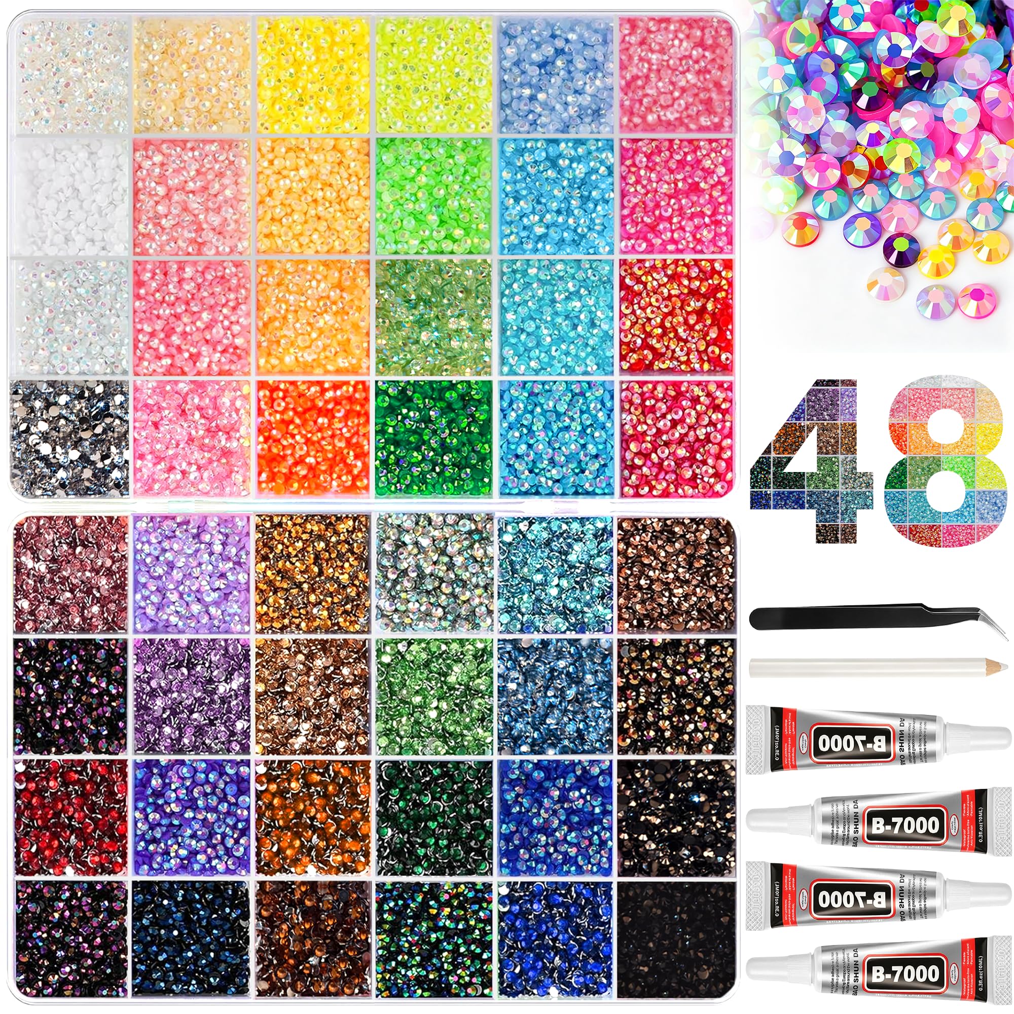 TORVEX Bedazzling Kit with Glue, 48 Colours 3mm Resin Rhinestones 48000 Pcs Complete Bedazzle Kit with 4 Tubes Glue, Tweezer & Pickup Pen for Clothes, Nail Art, Phone Cases & DIY Crafts