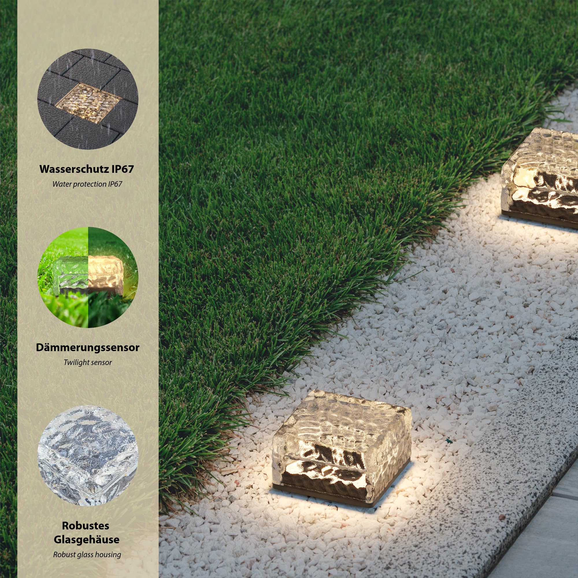 ledscom.de 10x LED Solar-Pflasterstein Bodeneinbauleuchte BROSLO für außen, IP67, Glas, eckig, 10 x 10cm, warmweiß