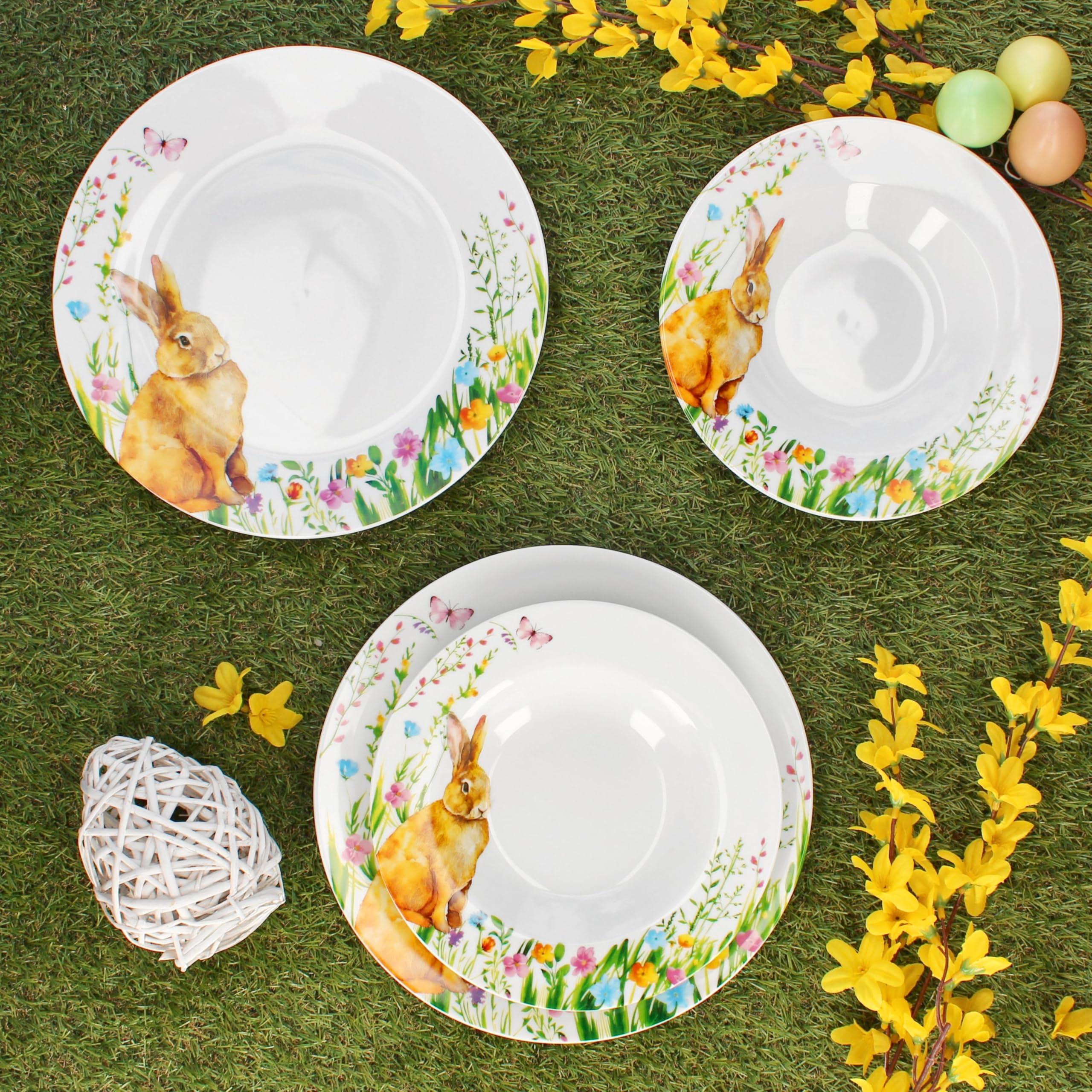 MamboCat Service de table 12 pièces Osterfreude I Vaisselle en porcelaine printanière avec décor lapin de Pâques pour 6 personnes I 6 assiettes creuses et 6 assiettes plates pour le petit-déjeuner, le