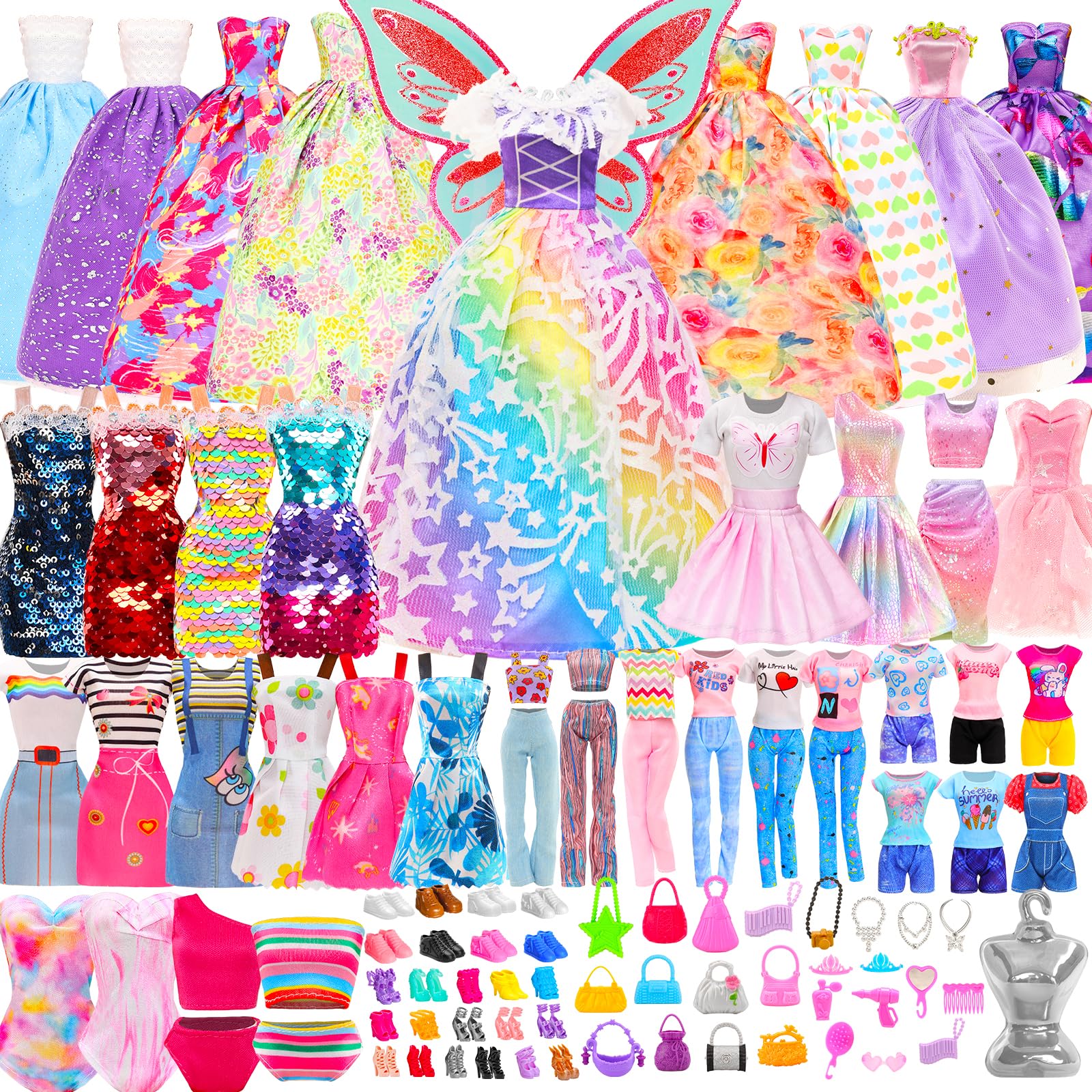 Miunana 110+ Kleidung für Puppen Puppenkleidung Fashion Kleider Tops Bluse Hosen Abendkleider Badenanzüge Minikleider Schuhe Kleiderbügel Handtasche Flügel Zubehör für 11,5 Zoll Mädchen Puppen