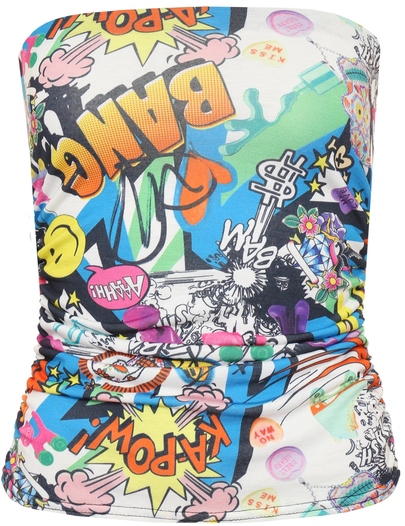 Womens Animal Aztec Print Strapless Ruched Boob Tube Ladies Bandeau Top - Comic - 8-10
