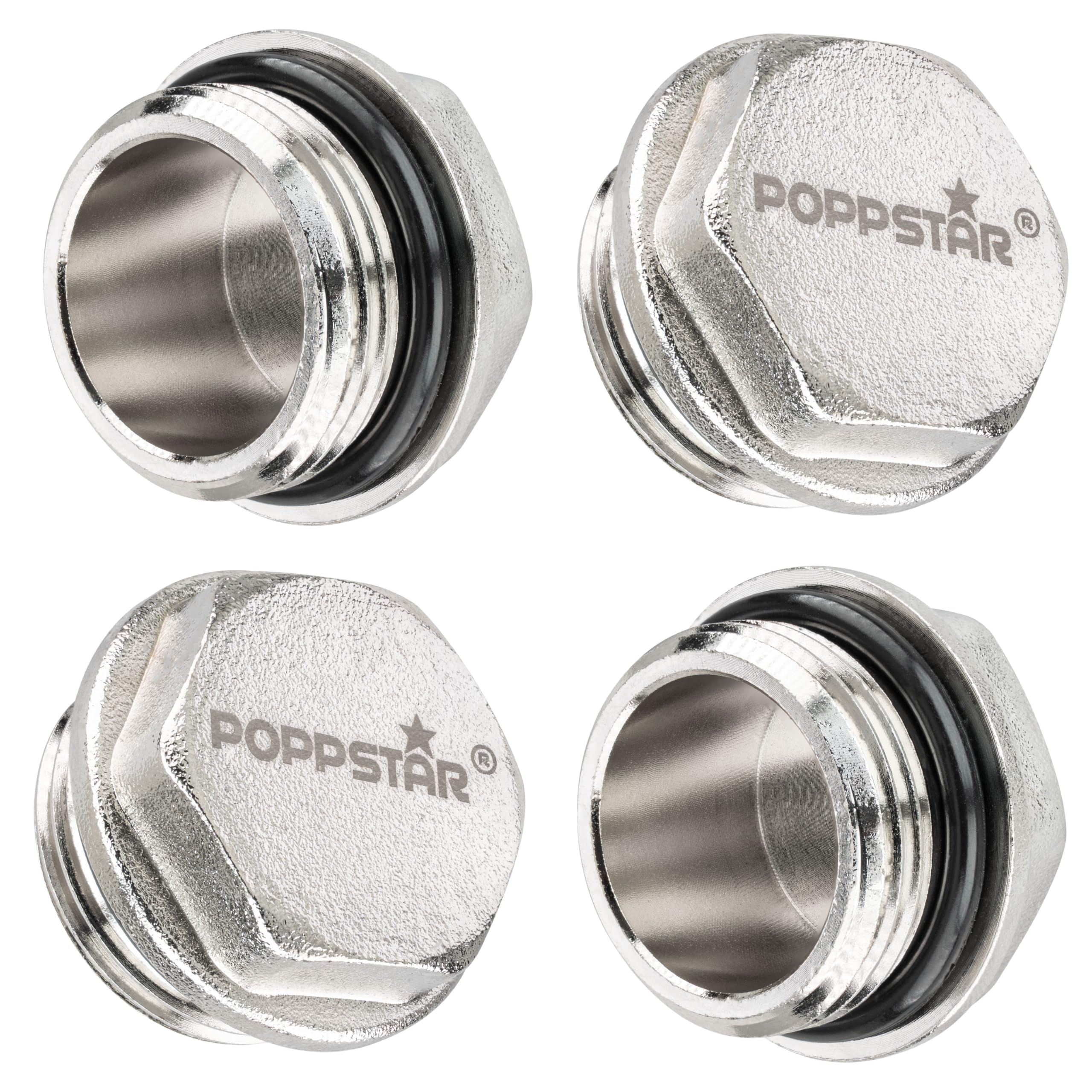 Poppstar Nickel-Plated Brass Brass Blanking Plug (Bsp External Thread 3/4" (26,44Mm), Up To 50Bar, 26Mm Hexagon) With Self-Sealing Gasket 3/4", 4 Pieces